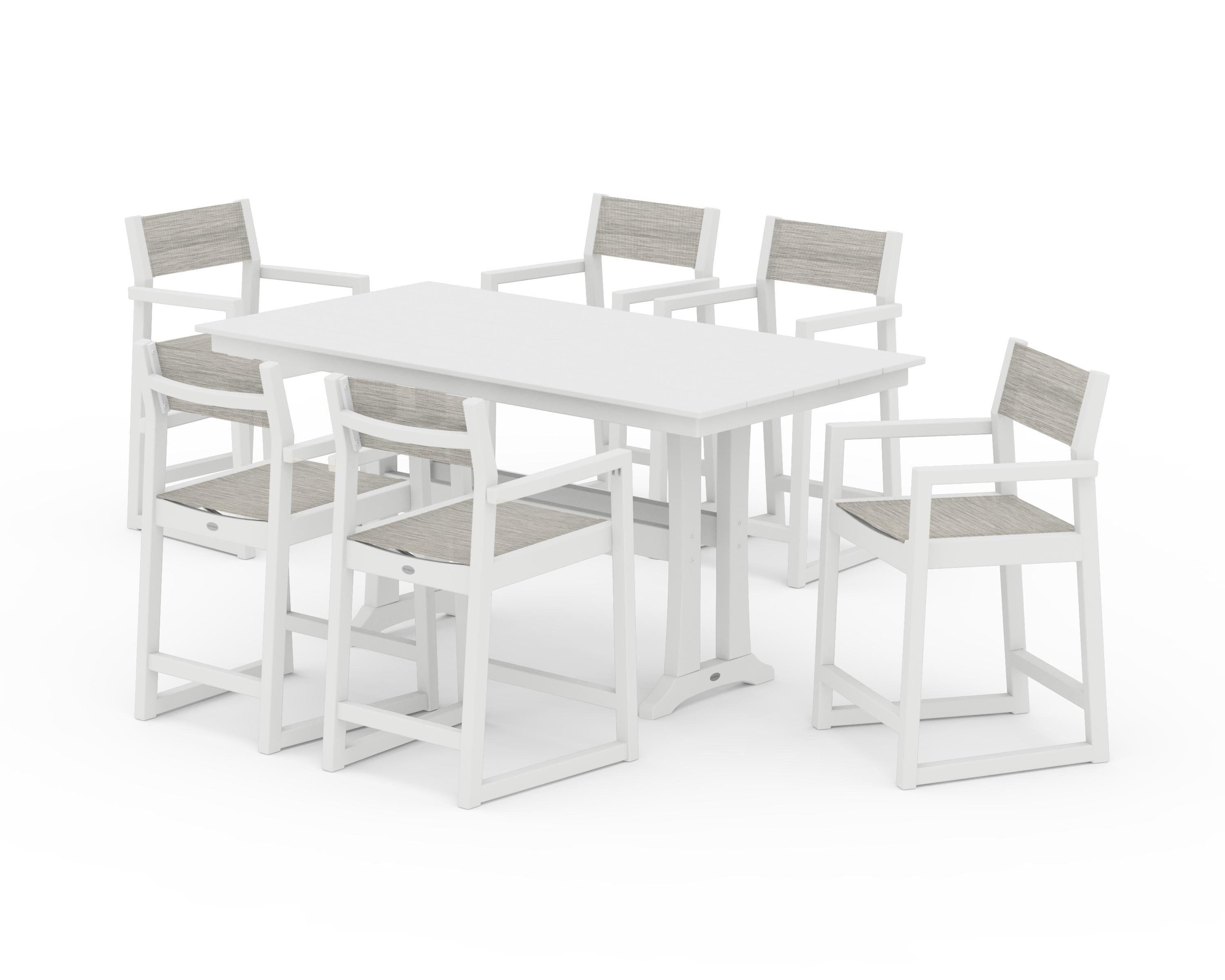 POLYWOOD EDGE Sling Arm Chair 7-Piece Farmhouse Counter Set with Trestle Legs in White / Birch Sling