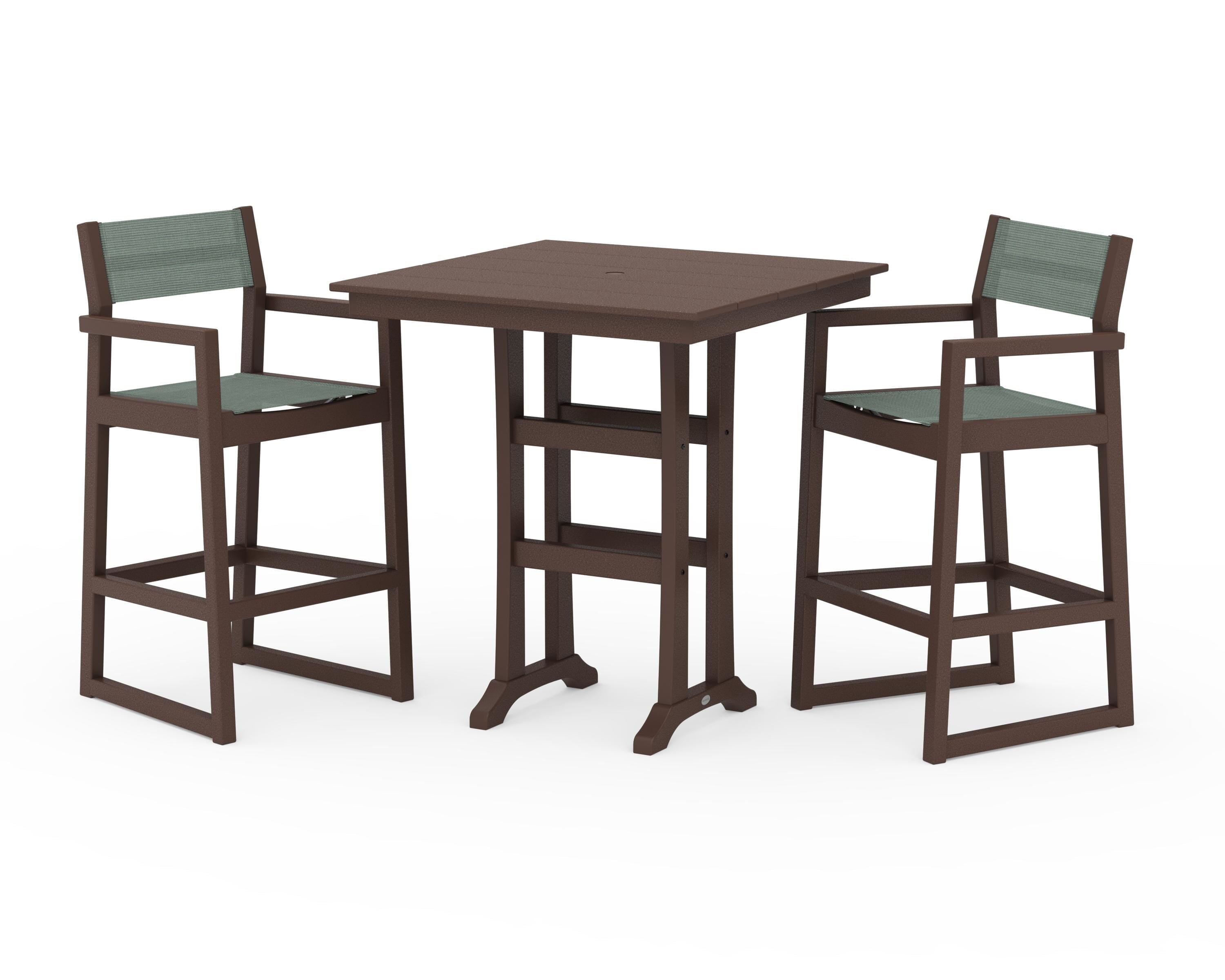 POLYWOOD EDGE Sling Arm Chair 3-Piece Farmhouse Bar Set with Trestle Legs in Mahogany / Dupioni Sea Mist Sling