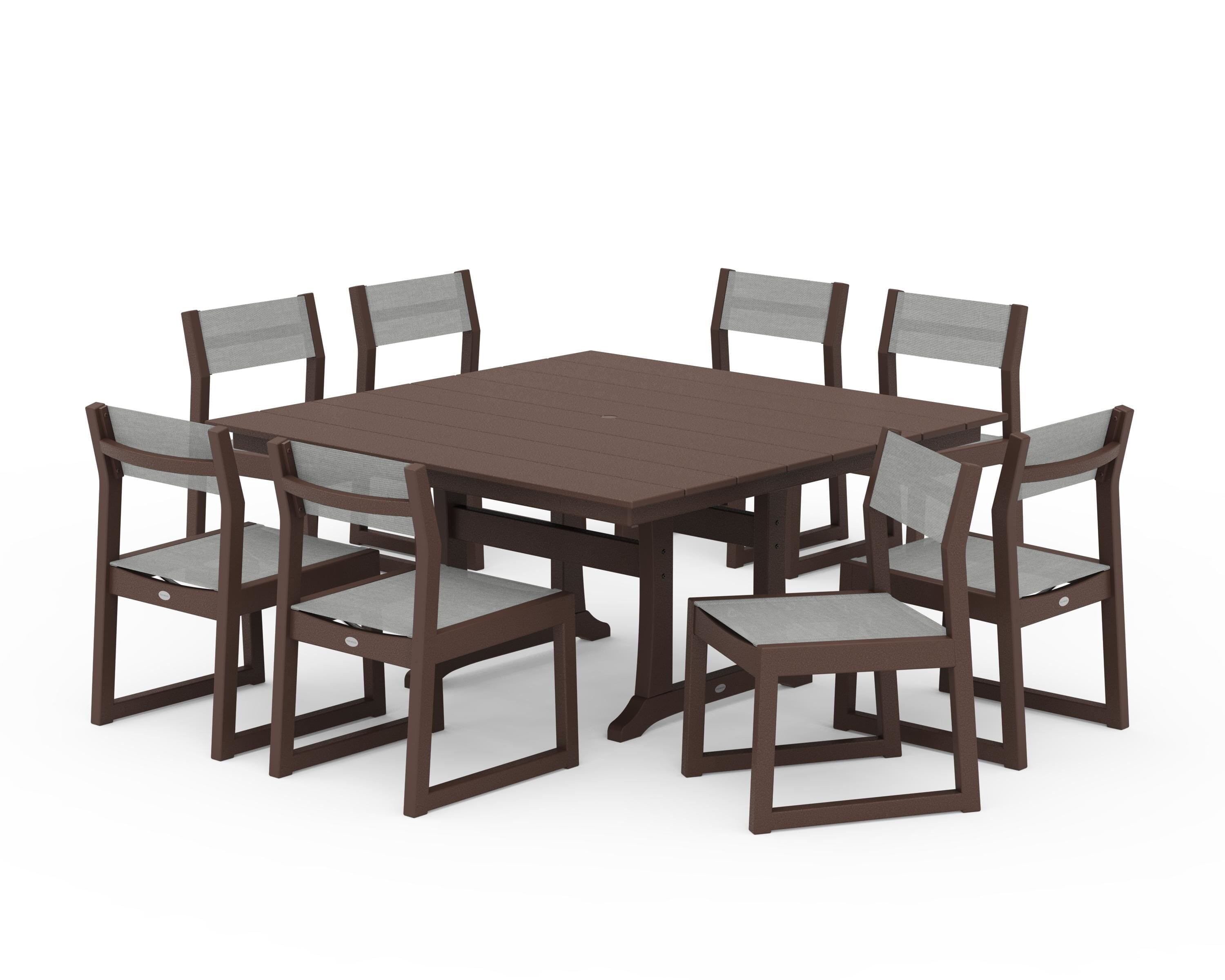 POLYWOOD EDGE Sling Side Chair 9-Piece Farmhouse Trestle Dining Set in Mahogany / Metallic Sling