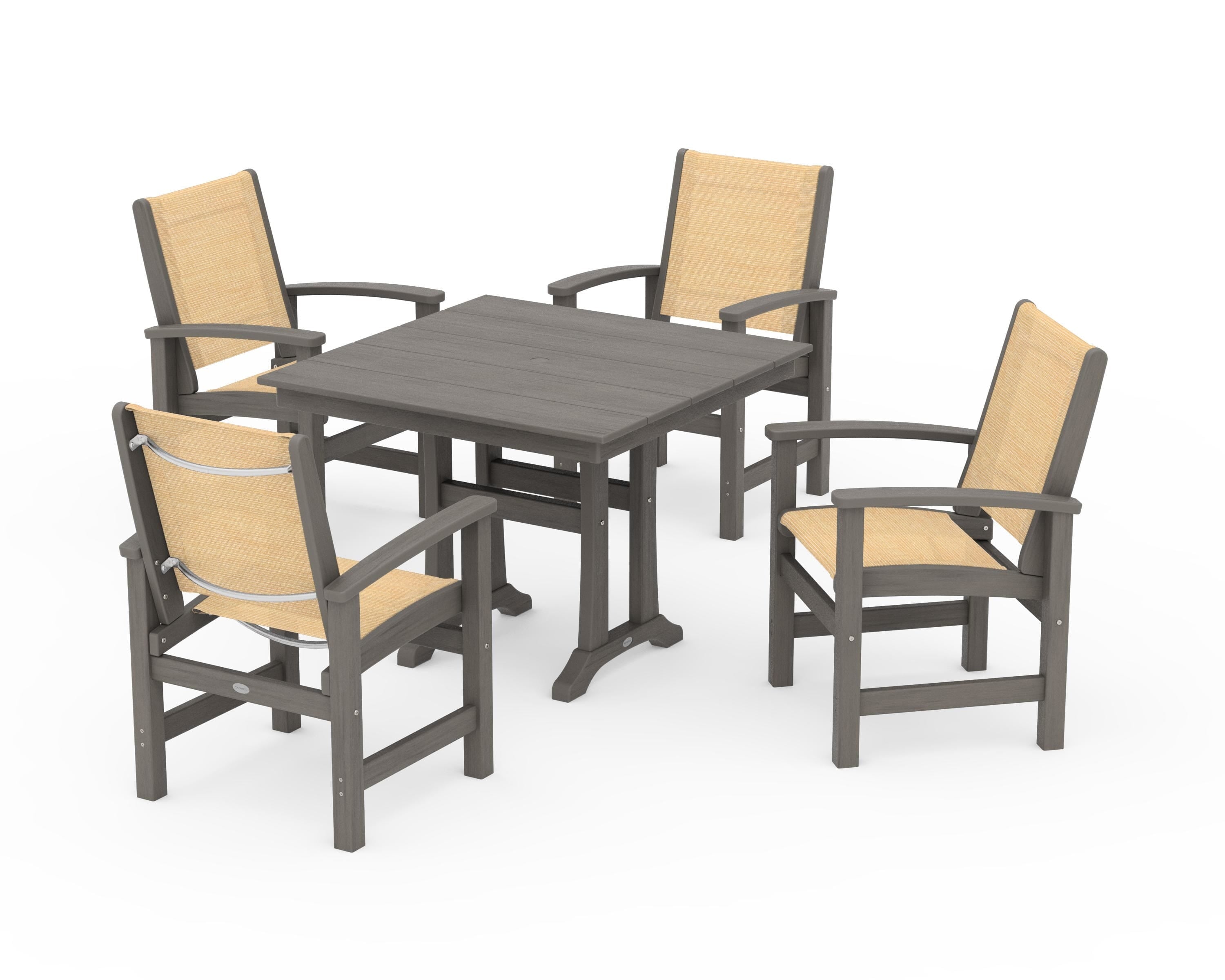 POLYWOOD Coastal 5-Piece Farmhouse Dining Set With Trestle Legs in Driftwood / Dupioni Apricot Sling