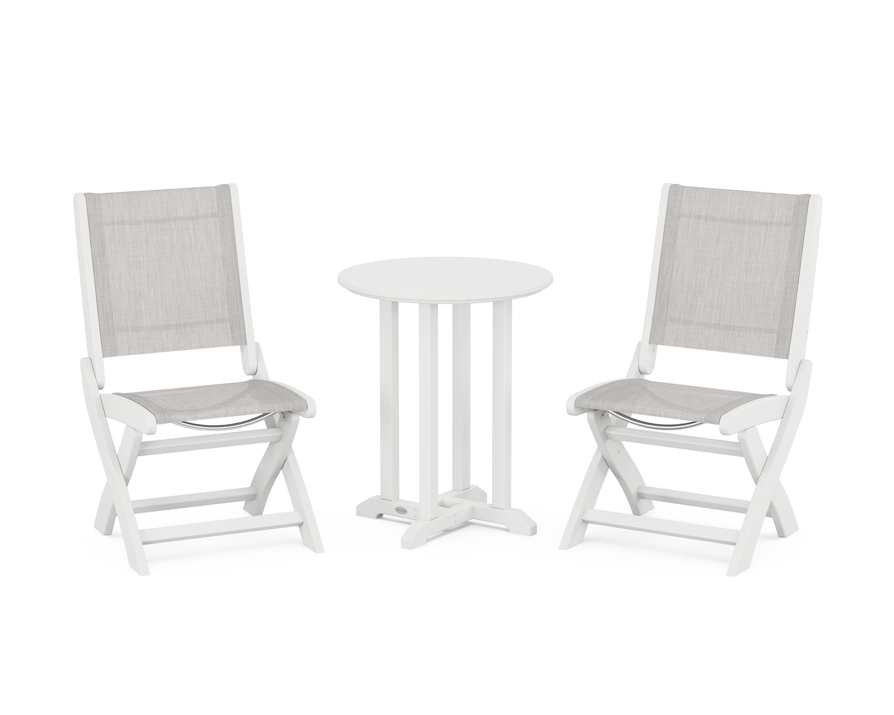 POLYWOOD Coastal Folding Side Chair 3-Piece Round Bistro Dining Set in White / Parchment Sling