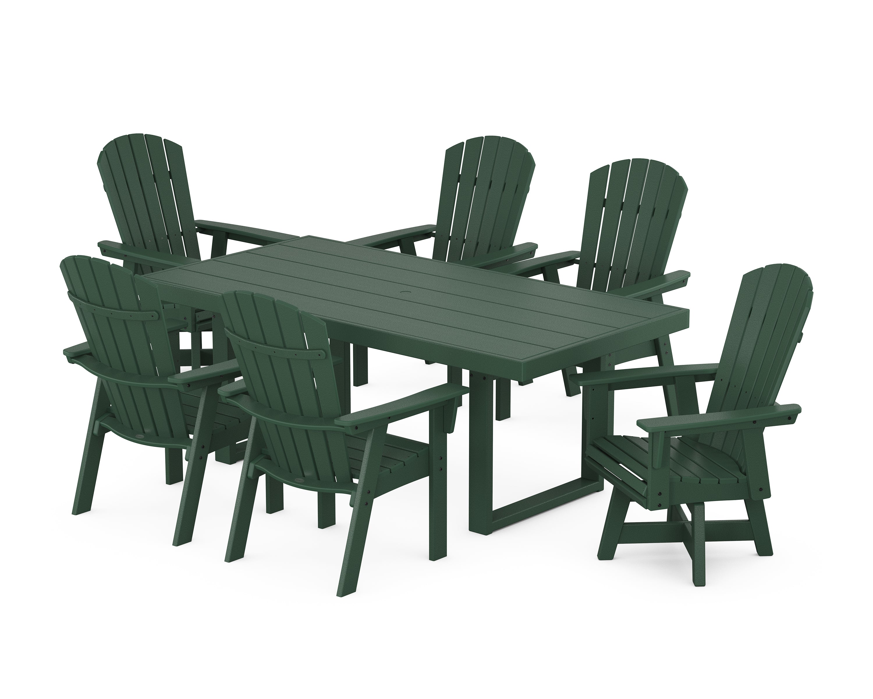 POLYWOOD® Nautical Curveback Adirondack Swivel Chair 7-Piece Dining Set in Green