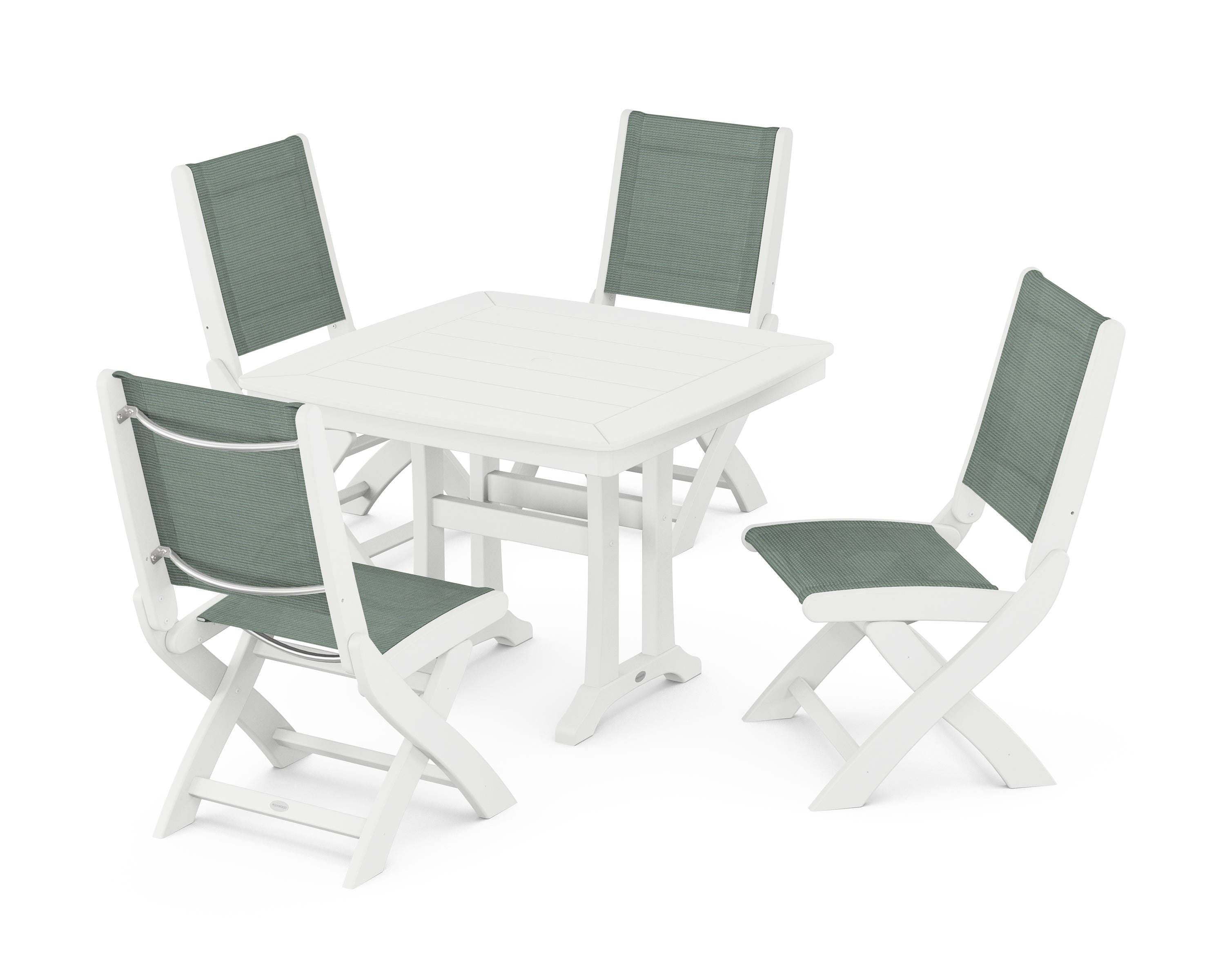 POLYWOOD Coastal Folding Side Chair 5-Piece Dining Set with Trestle Legs in White / Dupioni Sea Mist Sling