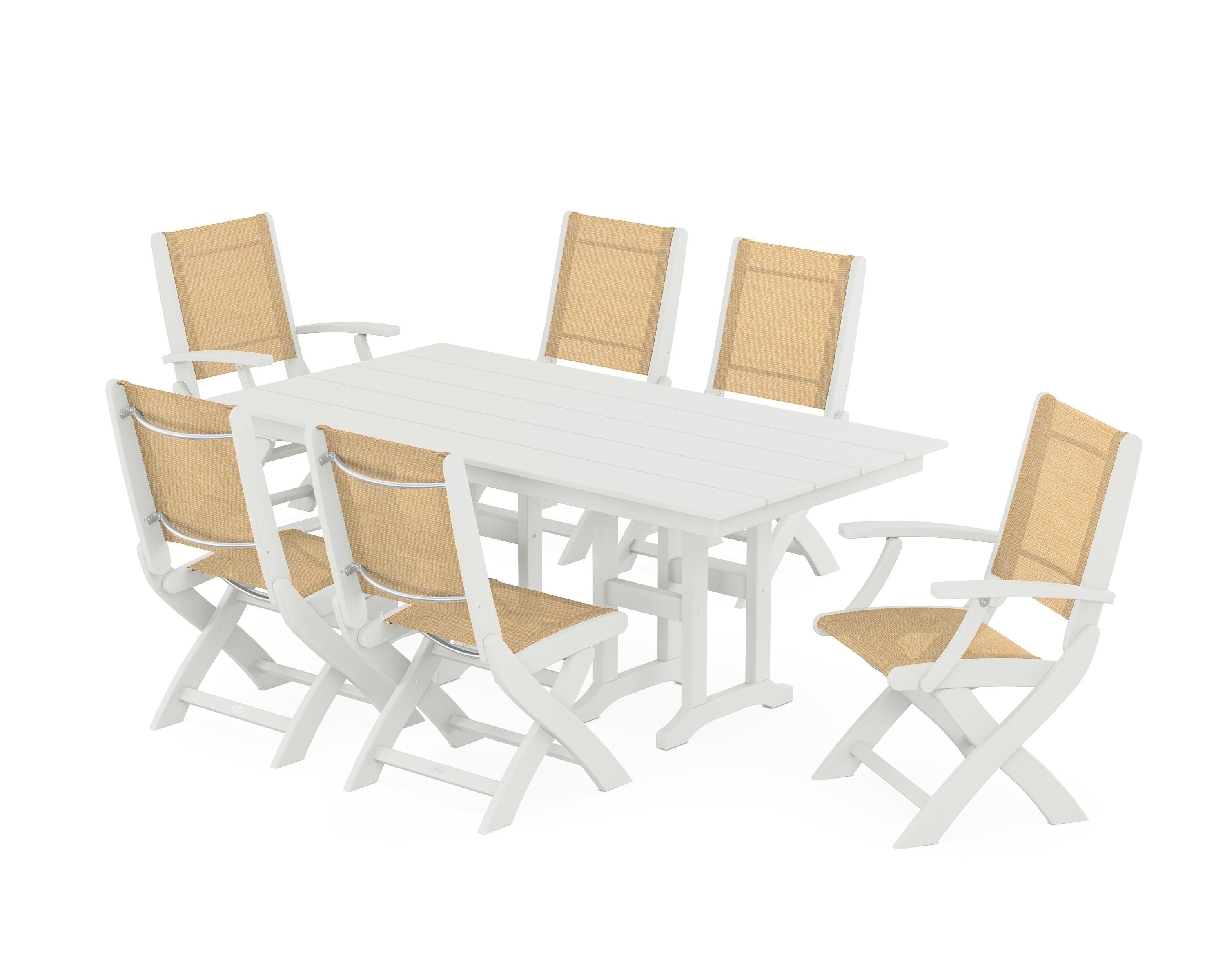 POLYWOOD Coastal Folding Chair 7-Piece Farmhouse Dining Set in Vintage White / Dupioni Apricot Sling