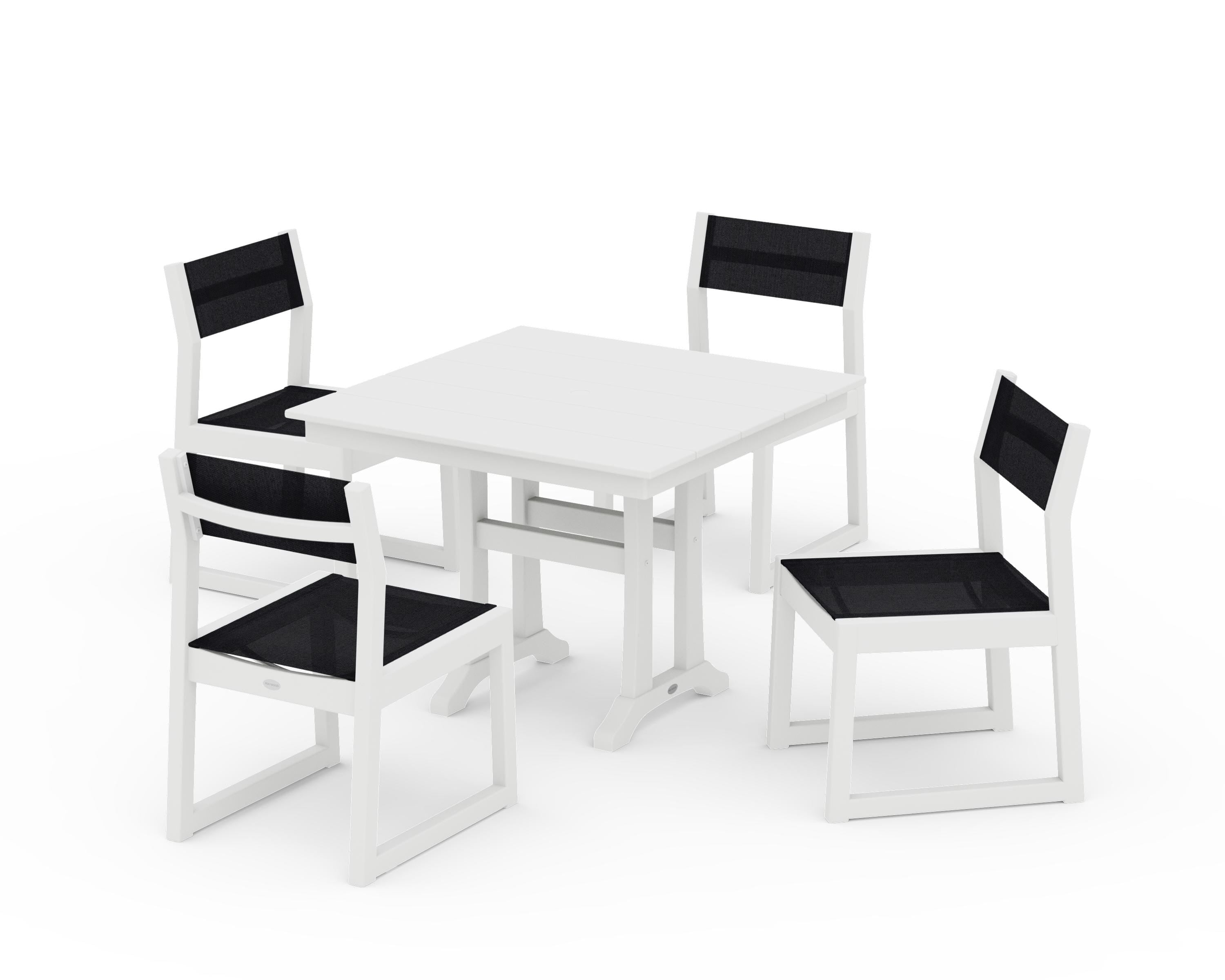 POLYWOOD EDGE Sling 5-Piece Farmhouse Trestle Side Chair Dining Set in White / Black Sling