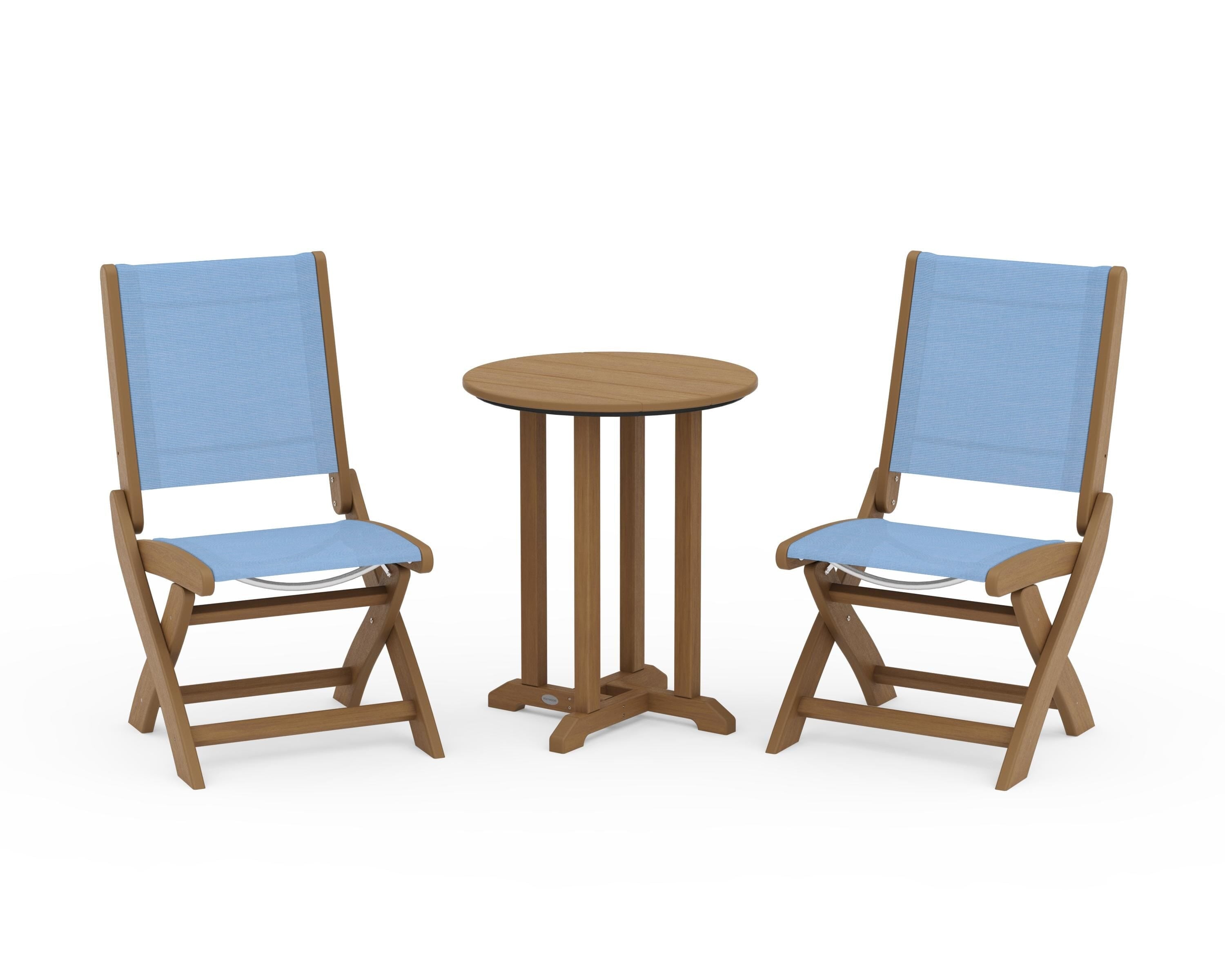 POLYWOOD Coastal Folding Side Chair 3-Piece Round Bistro Dining Set in Natural / Poolside Sling