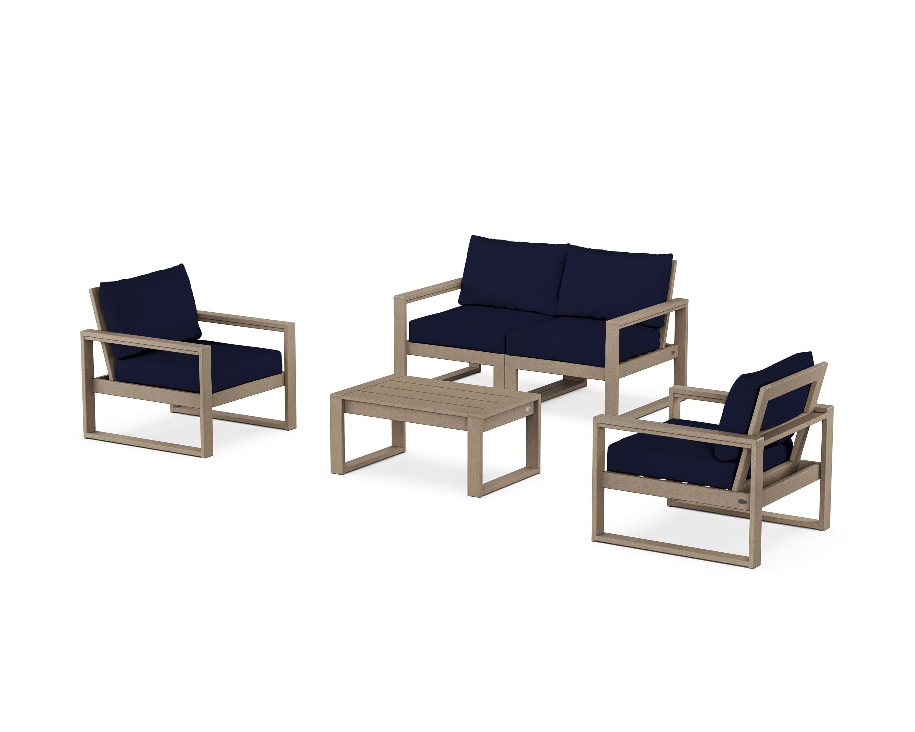 POLYWOOD EDGE Sectional 4-Piece Deep Seating Set with Loveseat in Vintage Sahara / Navy