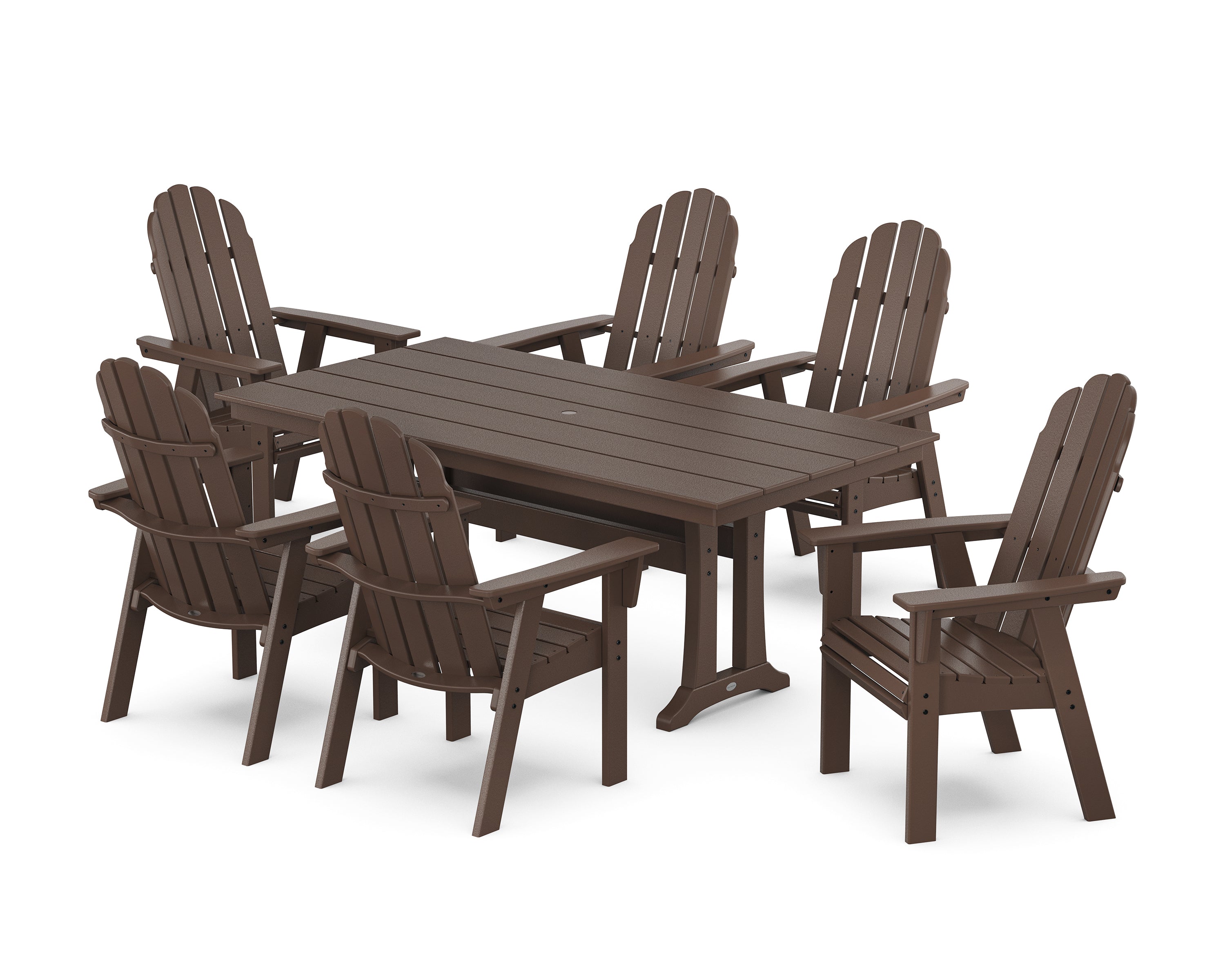 POLYWOOD Vineyard Curveback Adirondack Chair 7-Piece Farmhouse Dining Set with Trestle Legs in Mahogany