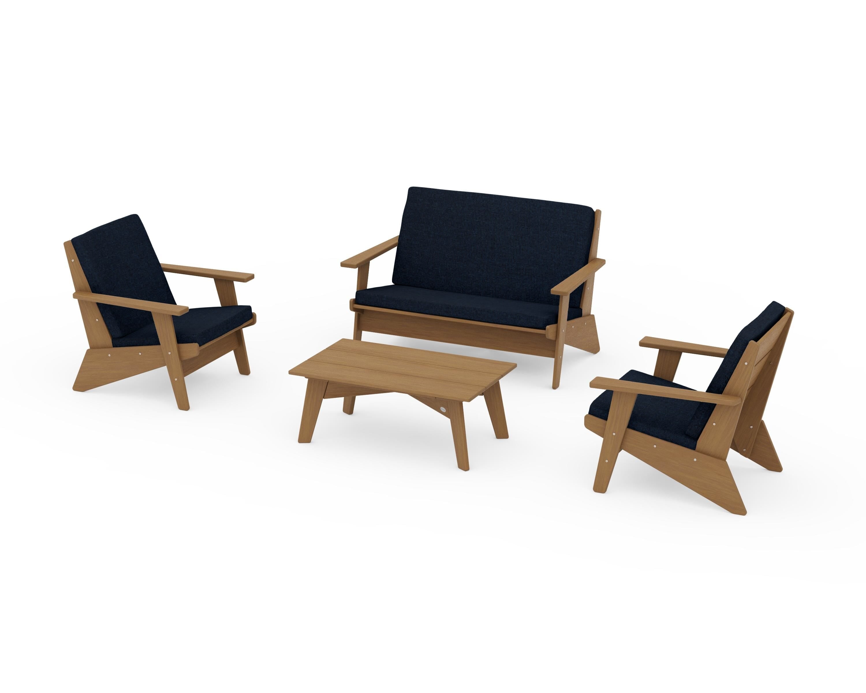 POLYWOOD Riviera Modern Lounge 4-Piece Set in Natural / Marine Indigo