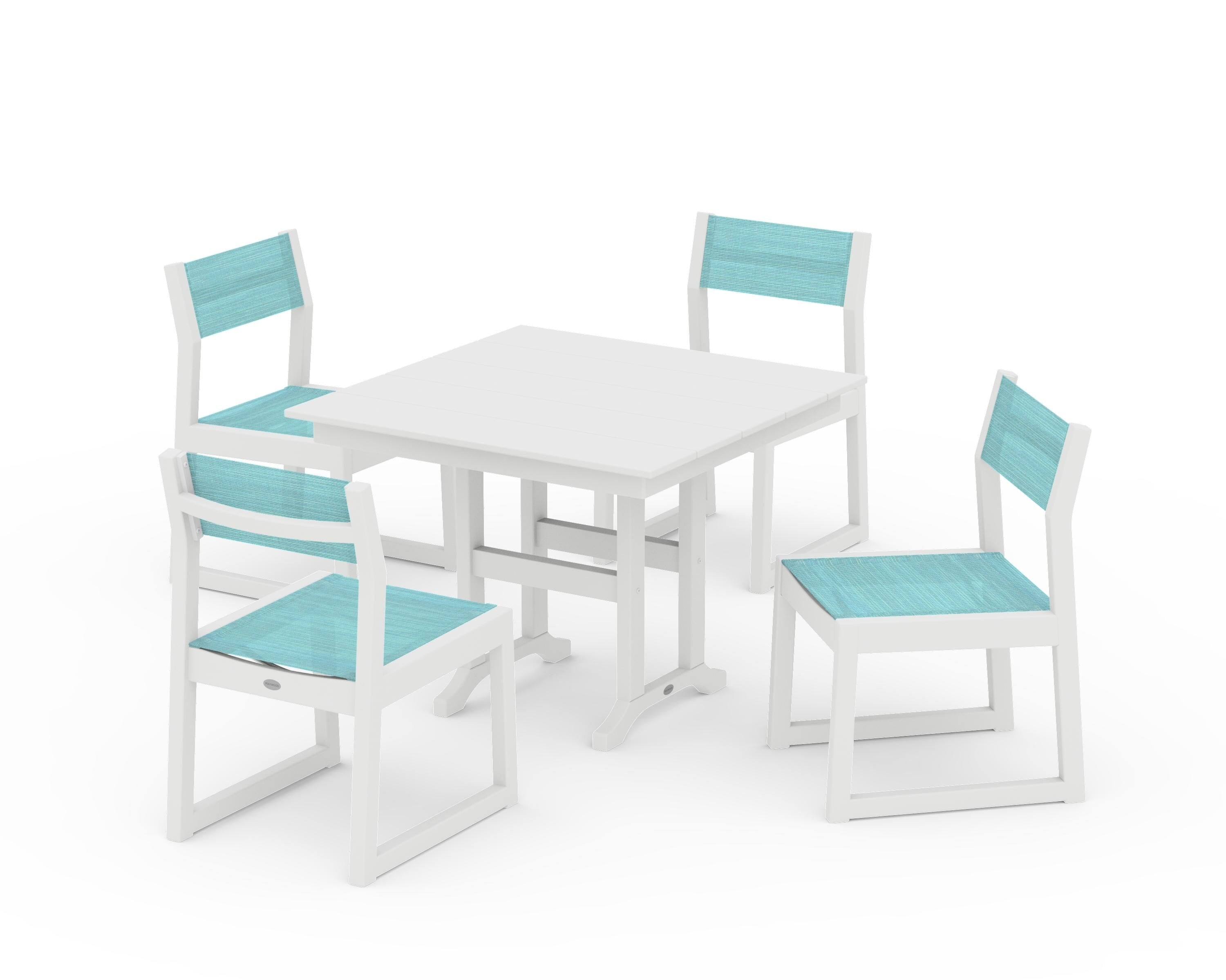 POLYWOOD EDGE Sling Side Chair 5-Piece Farmhouse Dining Set in White / Dupioni Aquamarine Sling