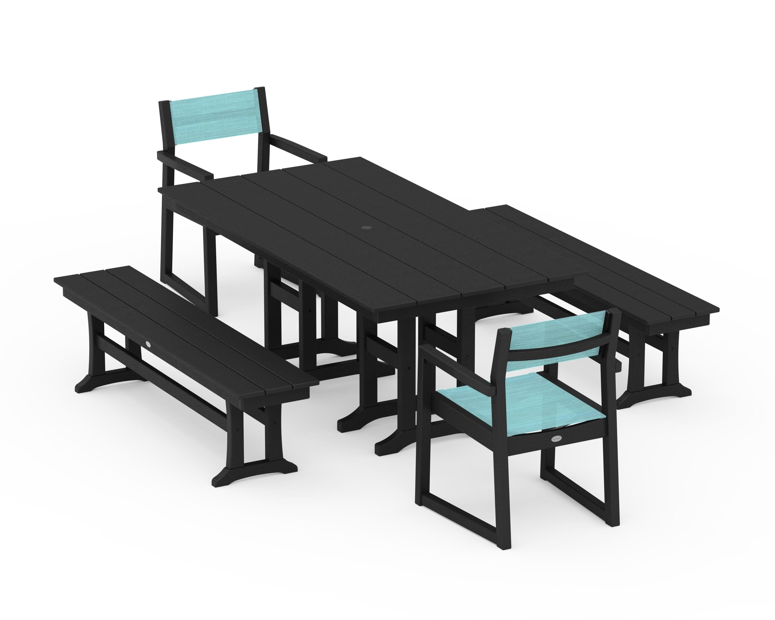 POLYWOOD EDGE Sling Arm Chair 5-Piece Farmhouse Dining Set with Benches in Black / Dupioni Aquamarine Sling