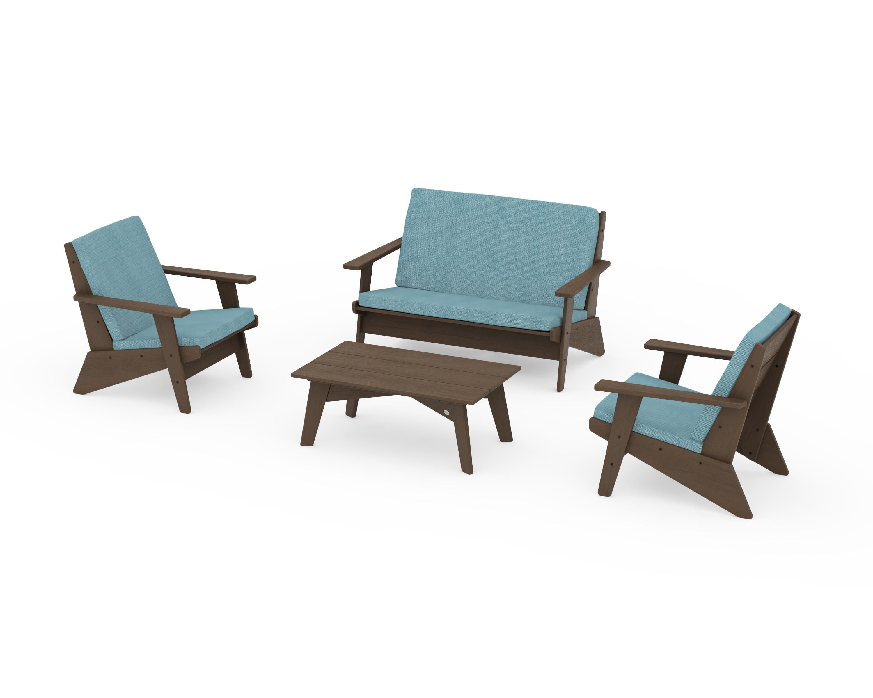 POLYWOOD Riviera Modern Lounge 4-Piece Set in Kona / Lattice Sky Blue