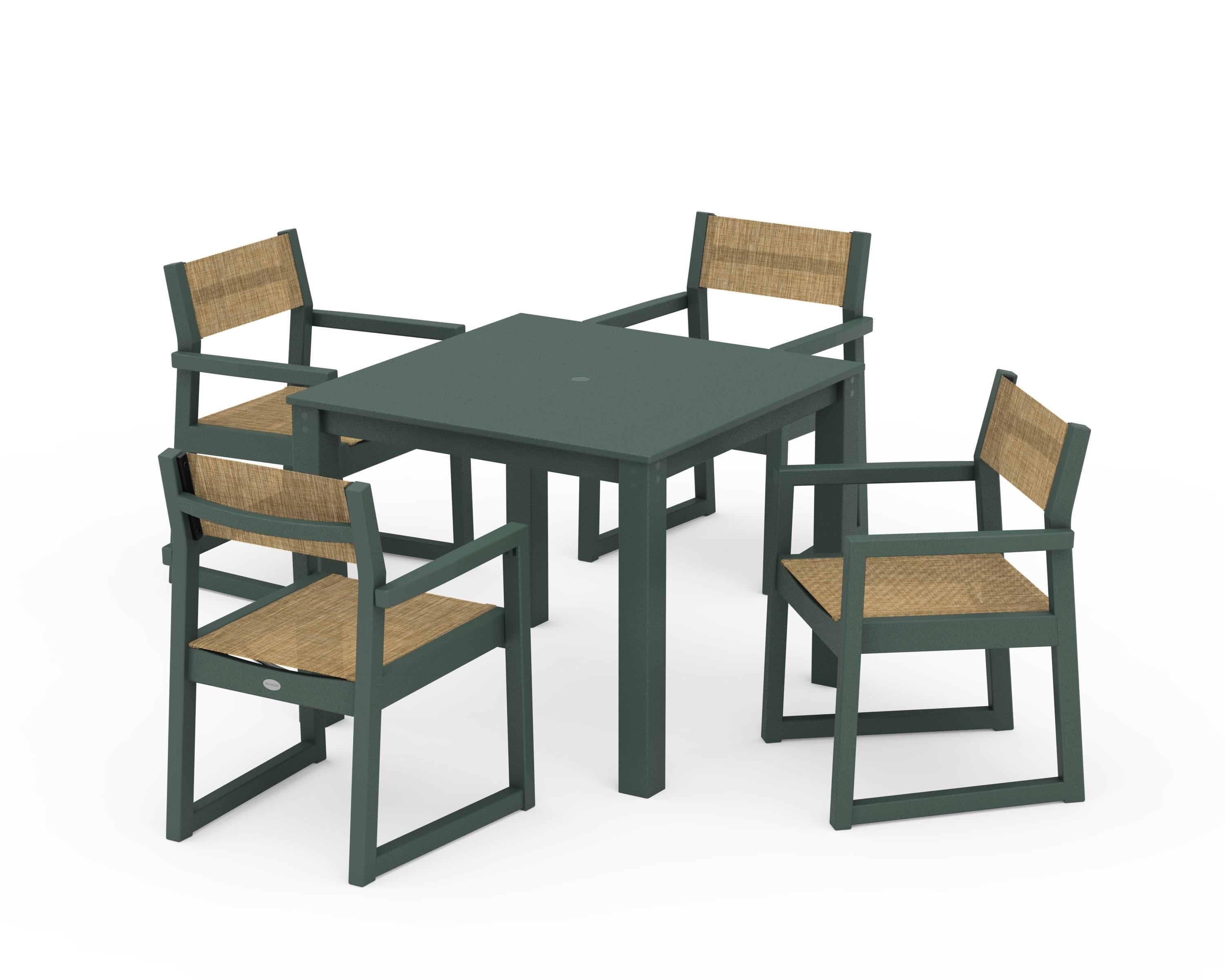 POLYWOOD EDGE Sling Arm Chair 5-Piece Parsons Dining Set in Green / Burlap Sling