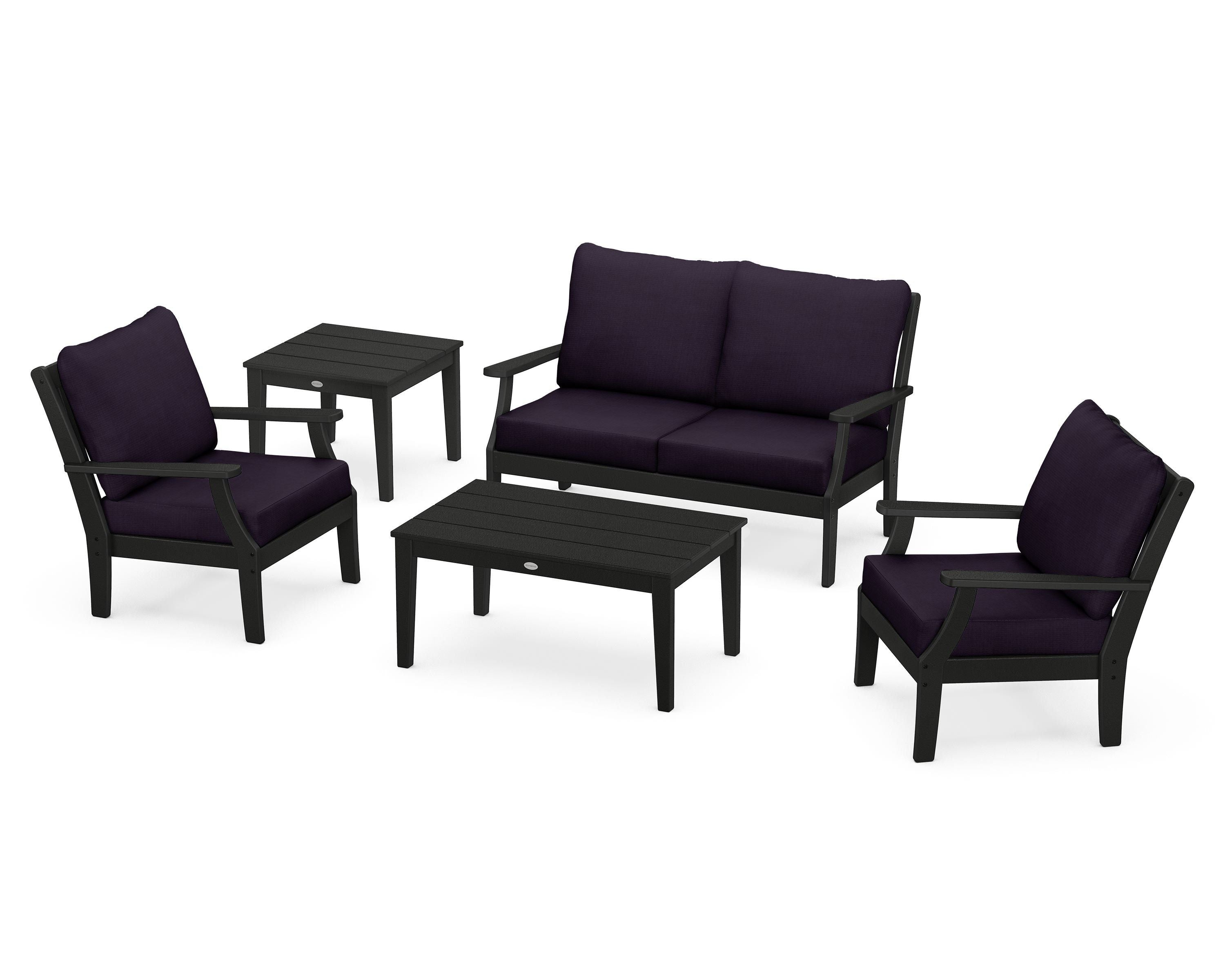 POLYWOOD Braxton 5-Piece Deep Seating Set in Black / Navy Linen