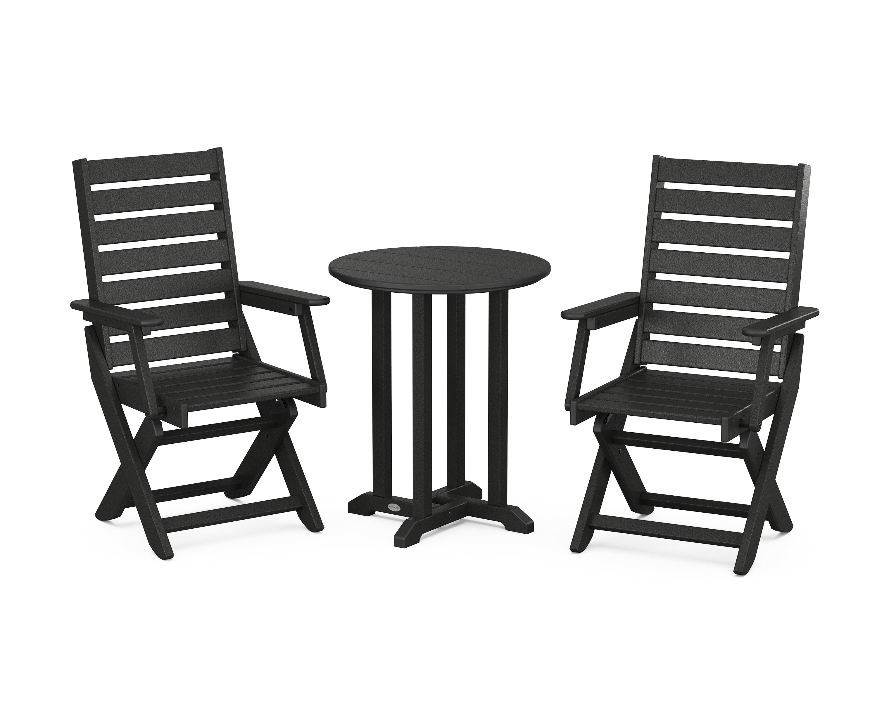 POLYWOOD Captain Folding Chair 3-Piece Round Bistro Dining Set in Black