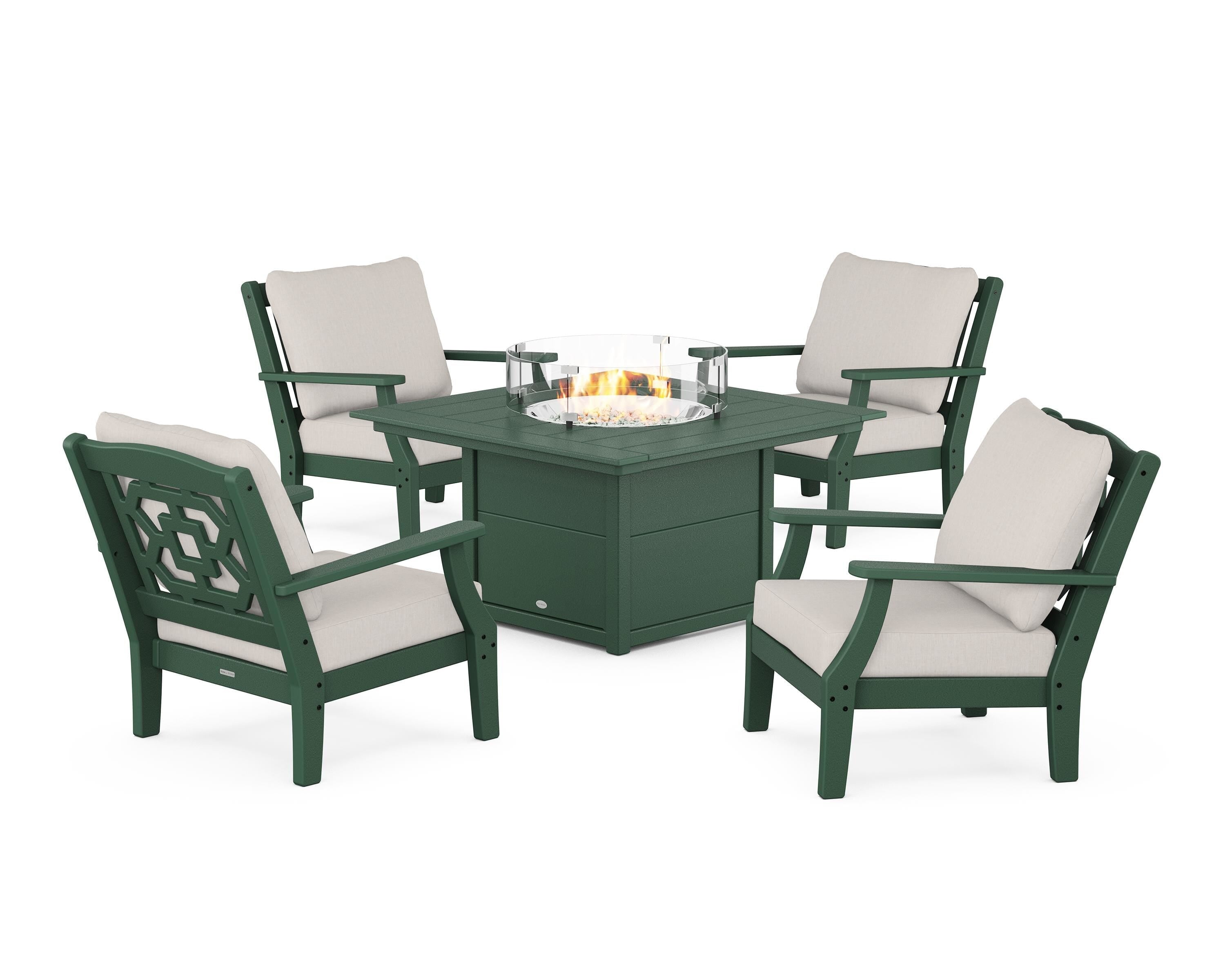 Martha Stewart by POLYWOOD Chinoiserie 5-Piece Deep Seating Set with Fire Pit Table in Green / Cast Ash