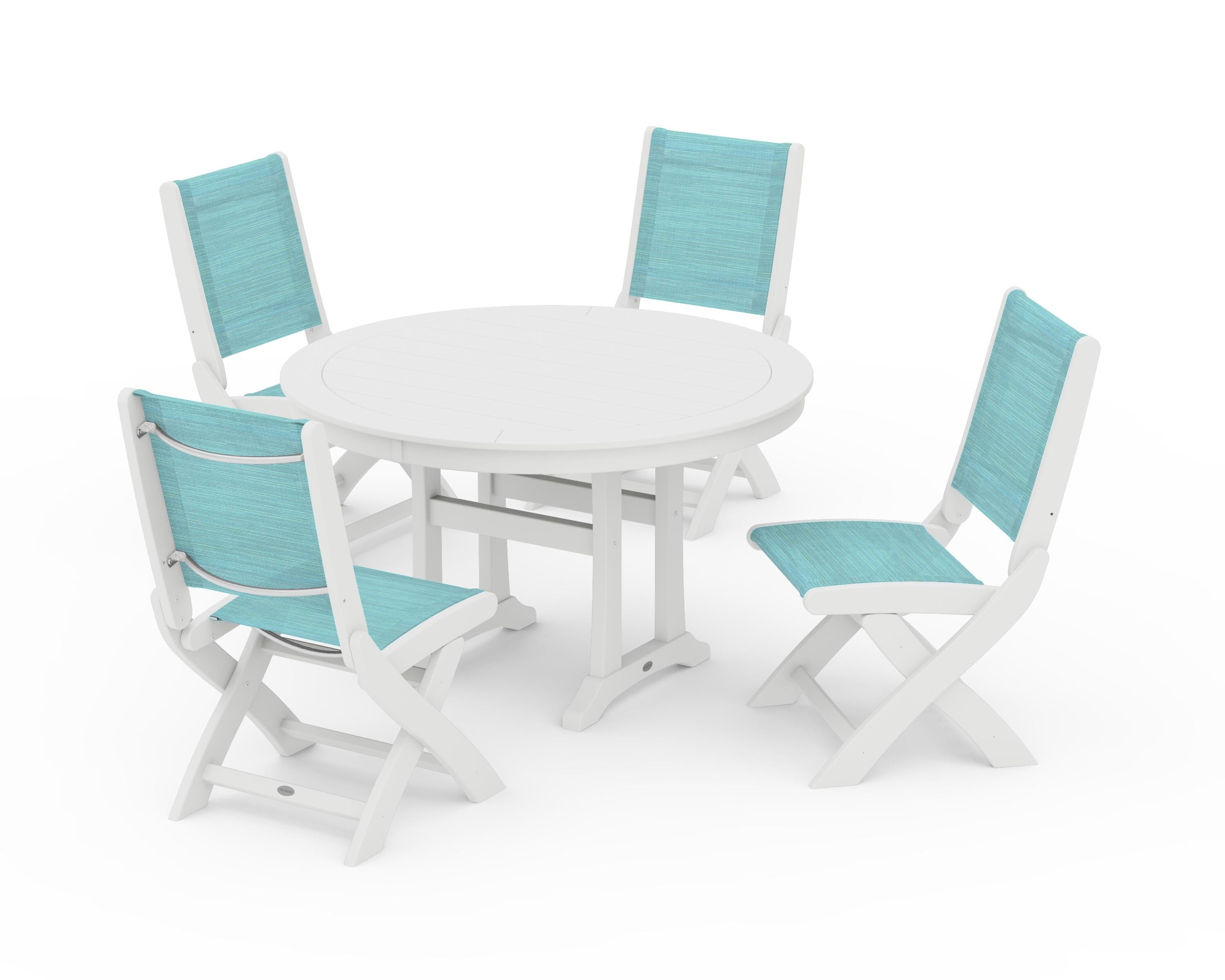 POLYWOOD Coastal Folding Side Chair 5-Piece Round Dining Set With Trestle Legs in White / Dupioni Aquamarine Sling