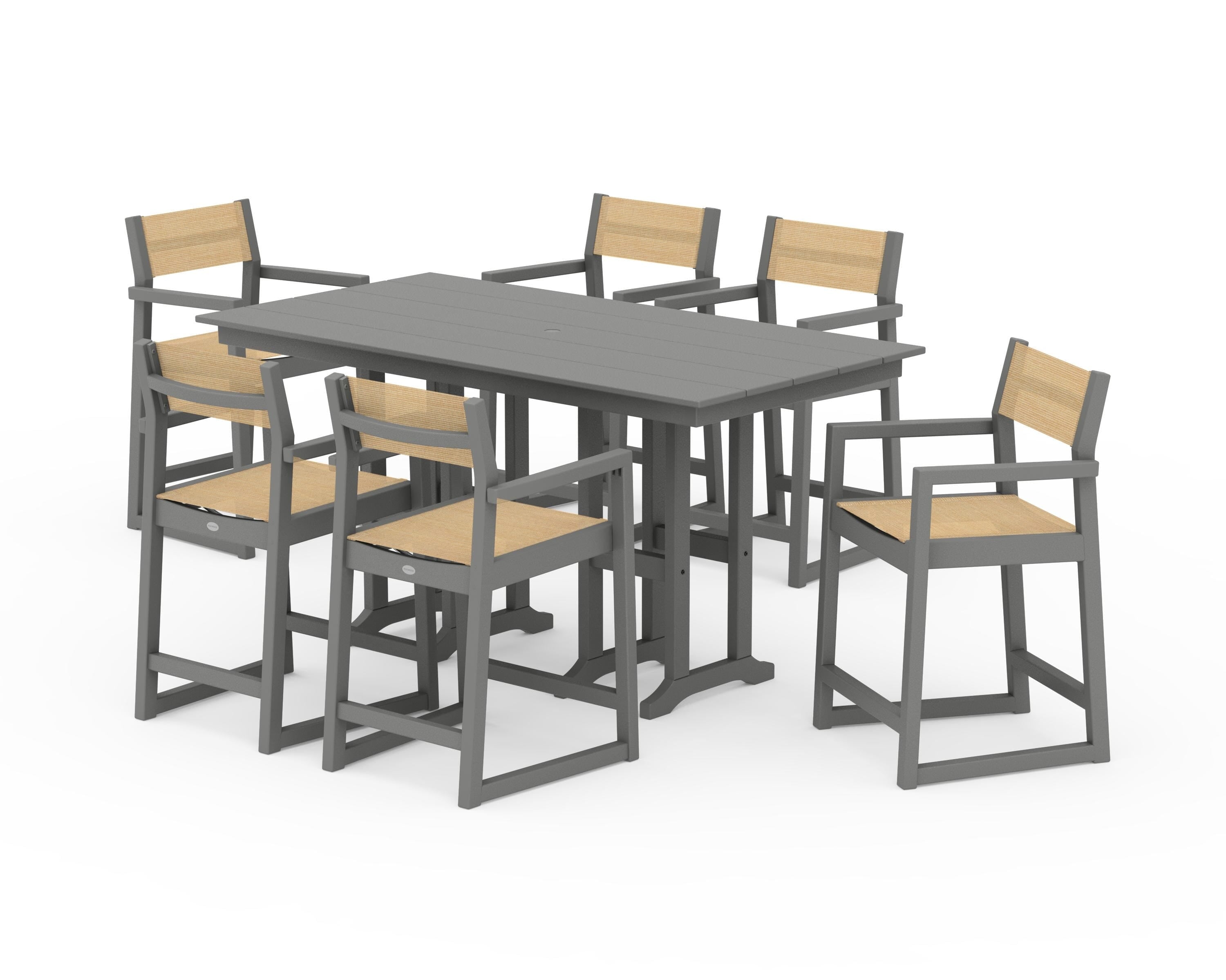 POLYWOOD EDGE Sling Arm Chair 7-Piece Farmhouse Counter Set in Slate Grey / Dupioni Apricot Sling