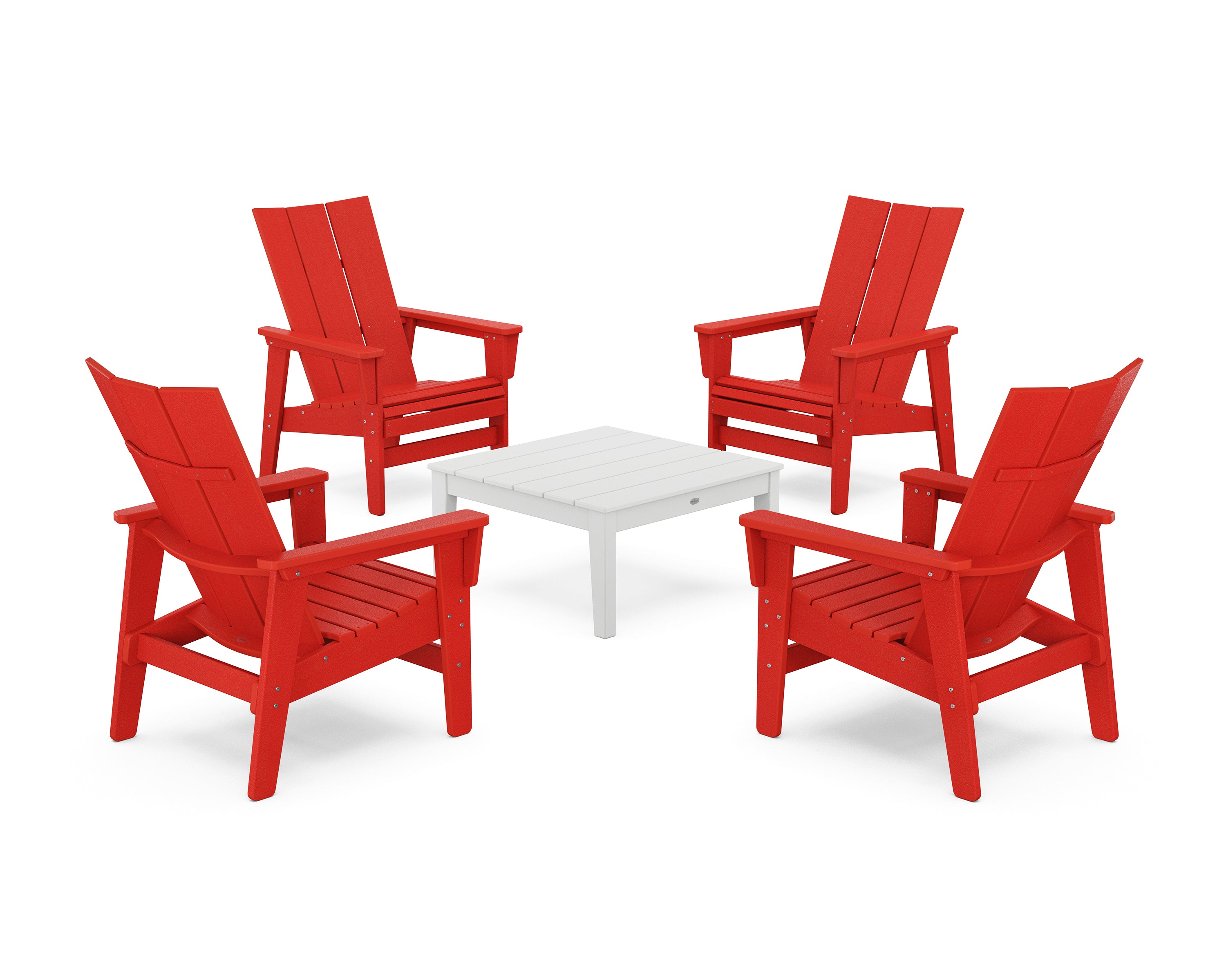 POLYWOOD® 5-Piece Modern Grand Upright Adirondack Chair Conversation Group in Sunset Red / White