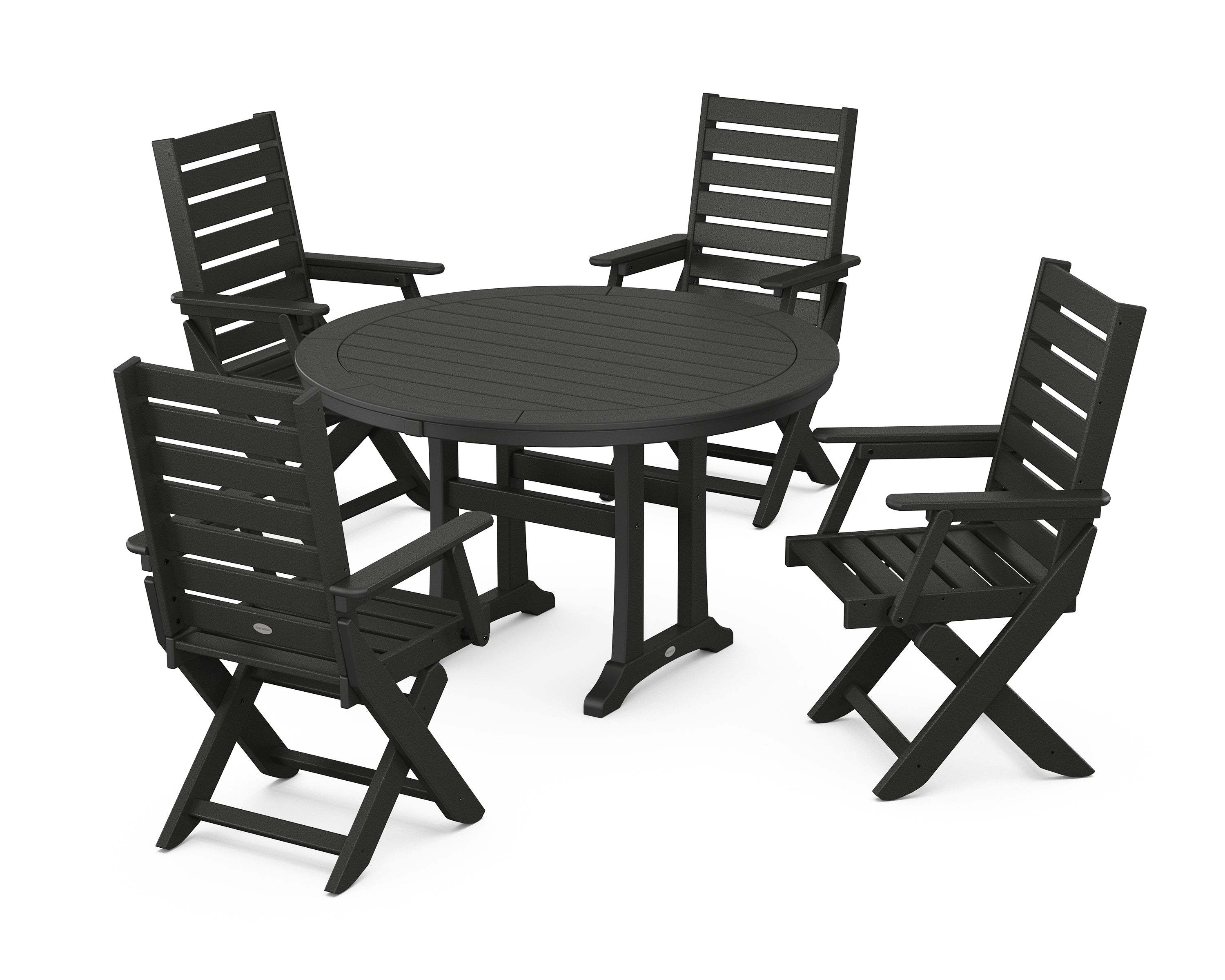 POLYWOOD® Captain Folding Chair 5-Piece Round Dining Set with Trestle Legs in Black