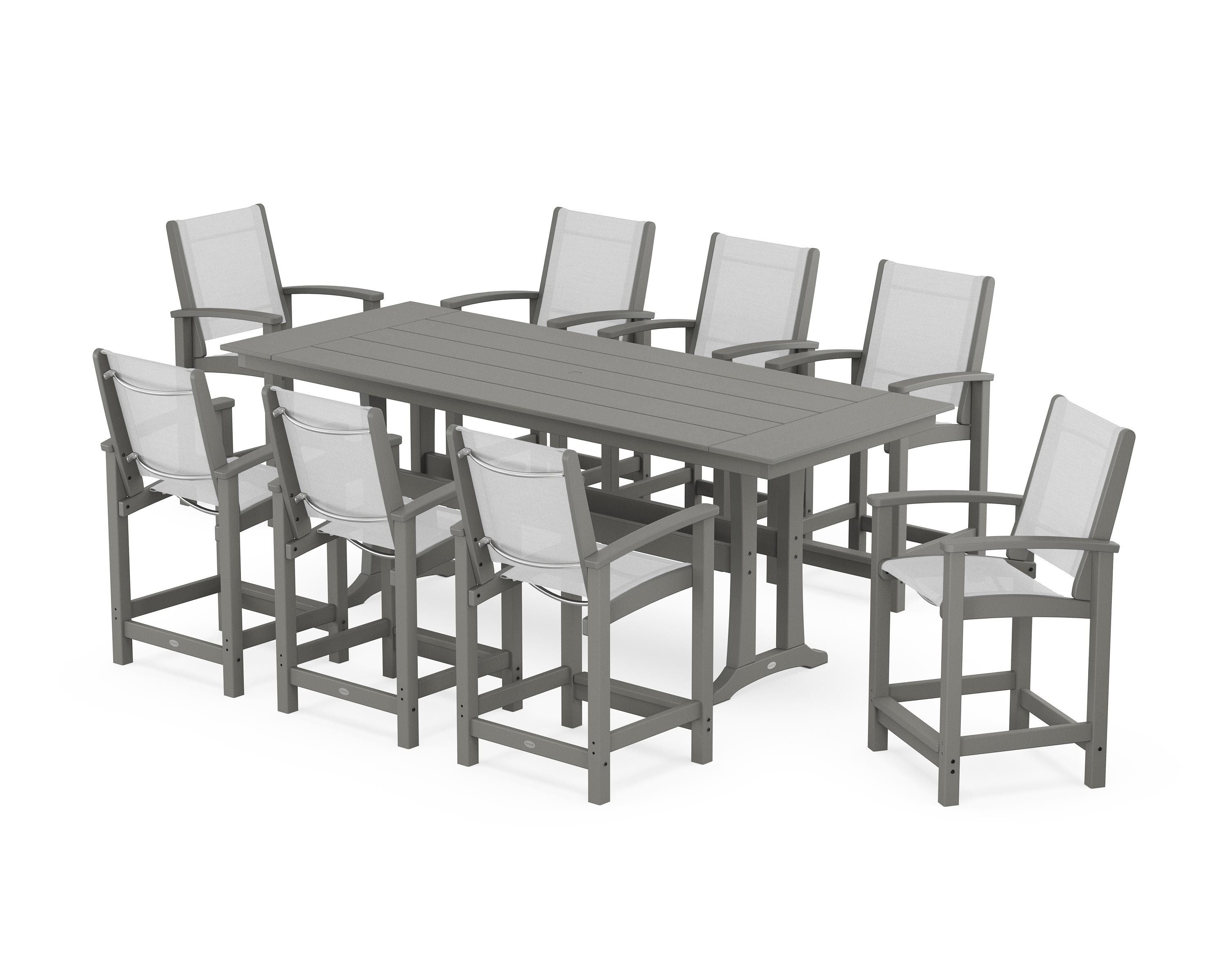 POLYWOOD Coastal 9-Piece Farmhouse Counter Set with Trestle Legs in Slate Grey / White Sling