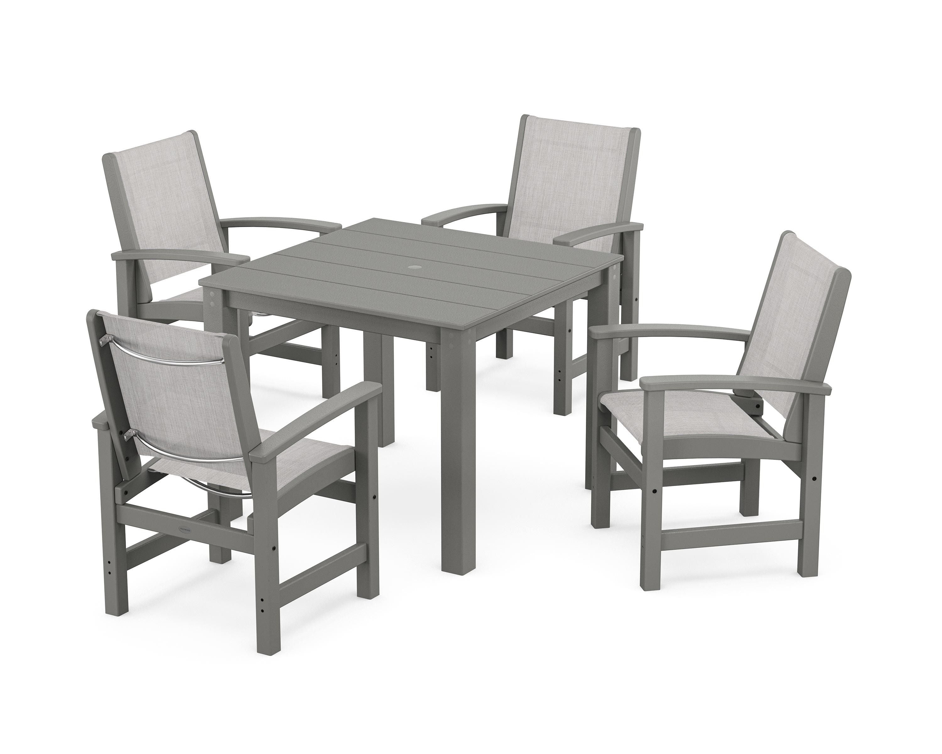 POLYWOOD Coastal 5-Piece Parsons Dining Set in White / Dupioni Sea Mist Sling