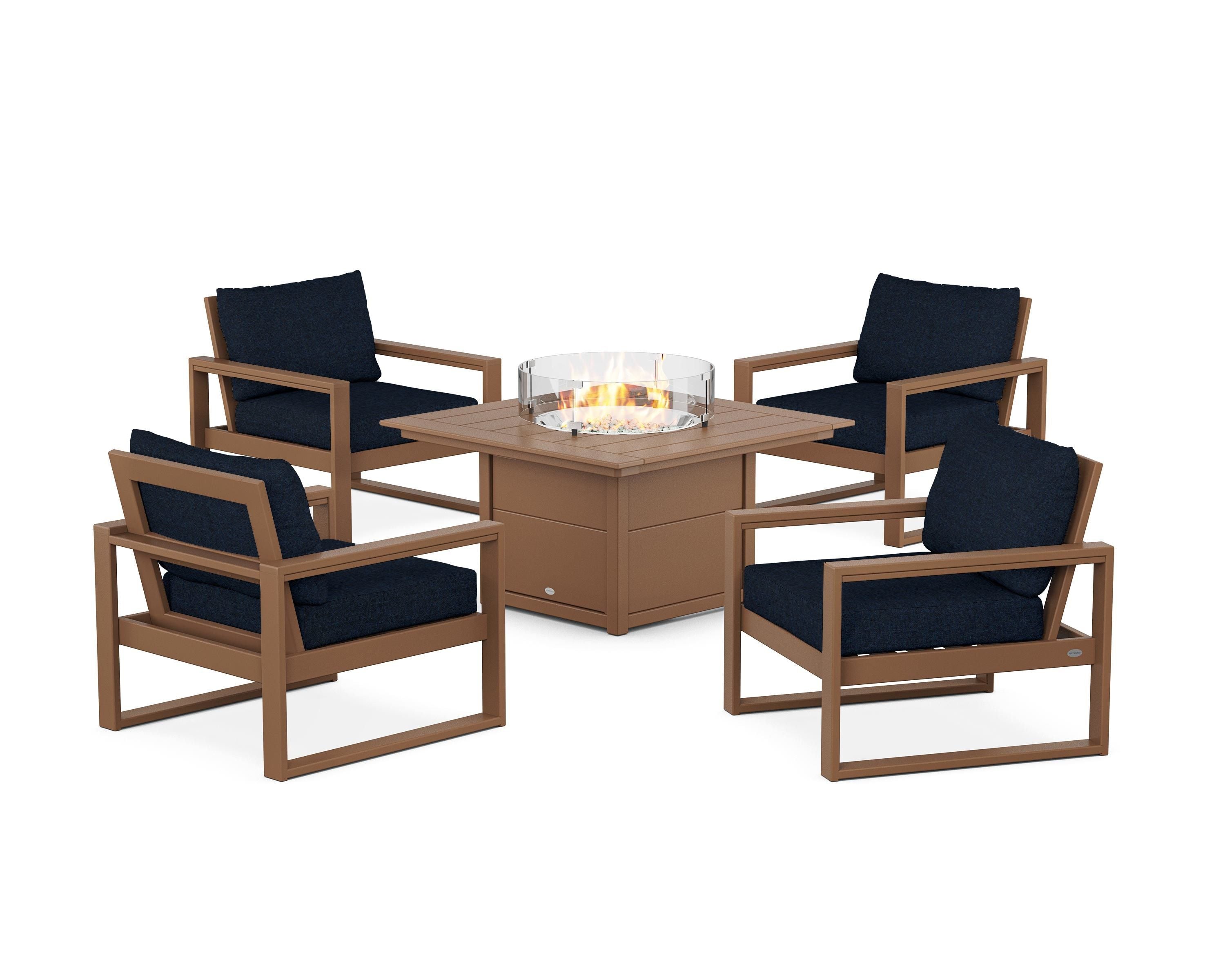 POLYWOOD EDGE Sectional 5-Piece Deep Seating Set with Fire Pit Table in Teak / Marine Indigo