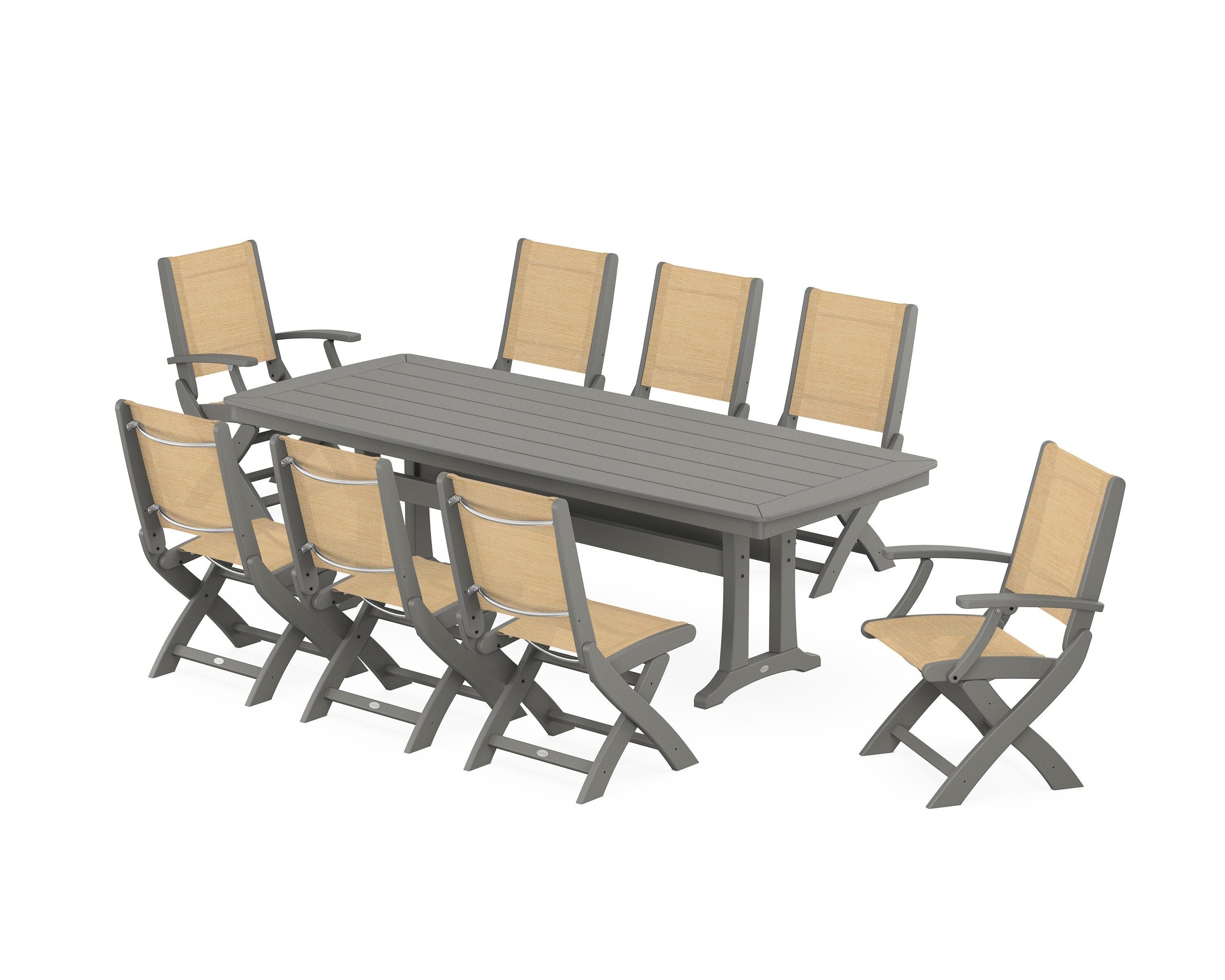 POLYWOOD Coastal Folding 9-Piece Dining Set with Trestle Legs in Slate Grey / Dupioni Apricot Sling
