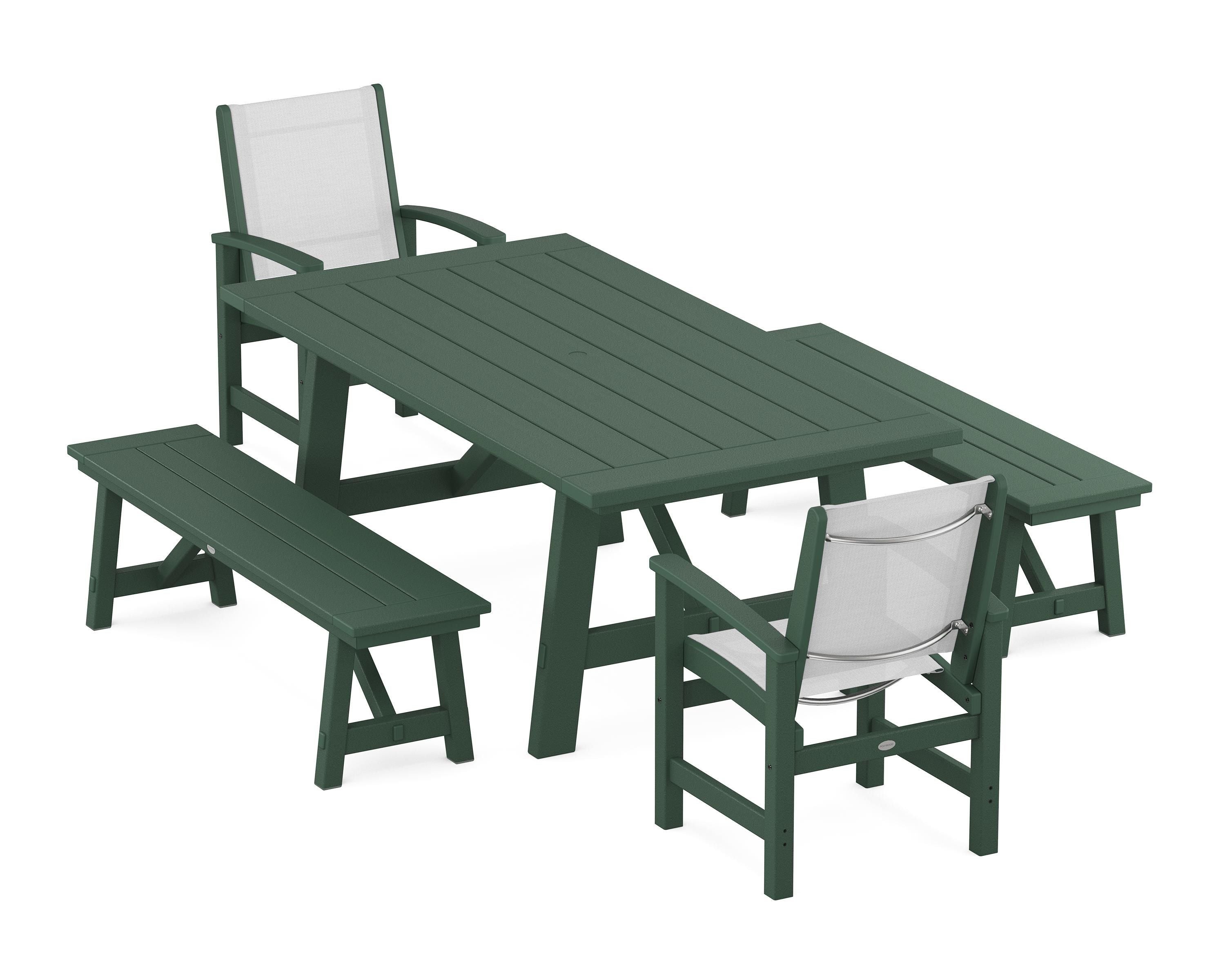 POLYWOOD Coastal 5-Piece Rustic Farmhouse Dining Set With Benches in Green / White Sling