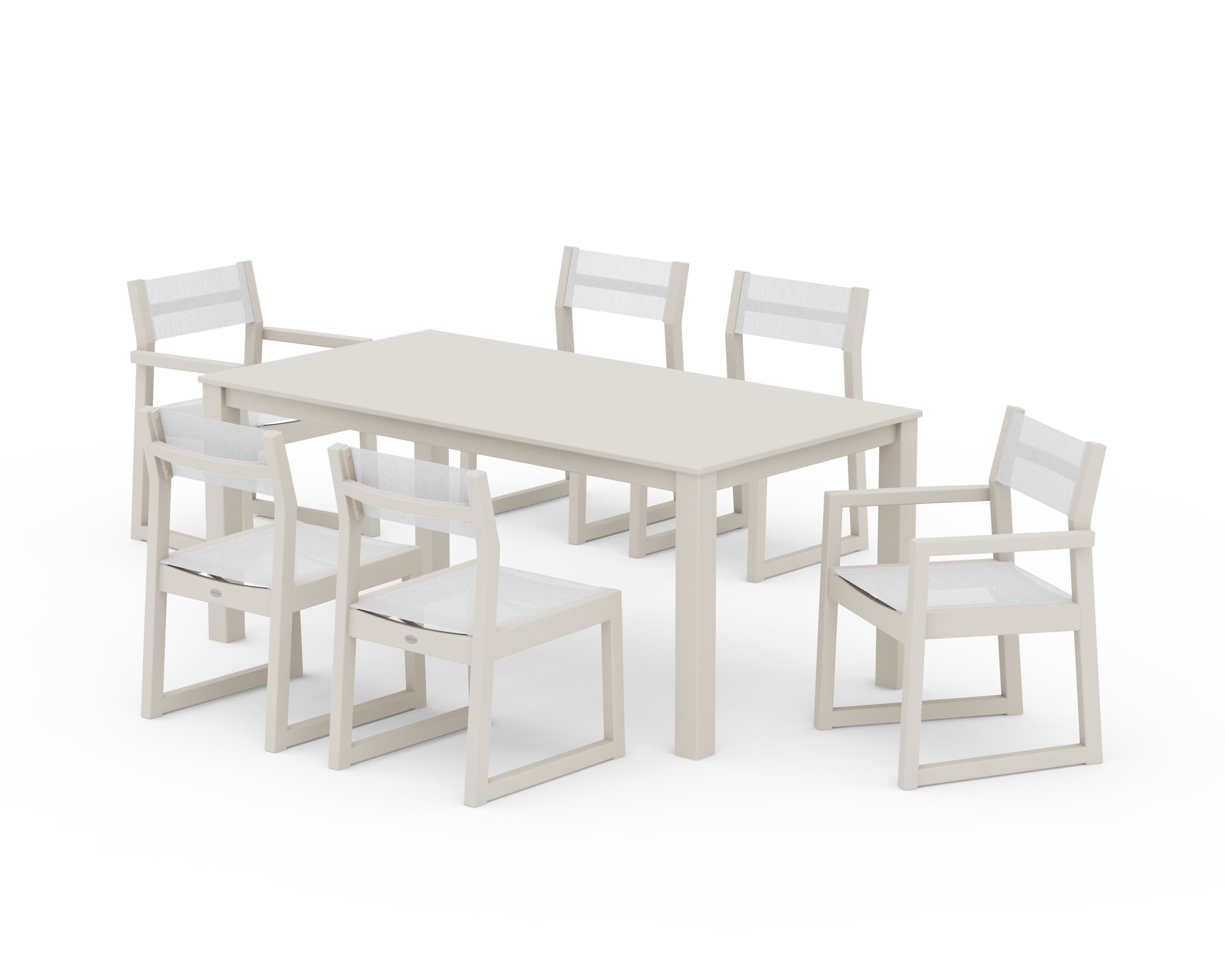 POLYWOOD EDGE Sling 7-Piece Parsons Dining Set in Sand / White Sling