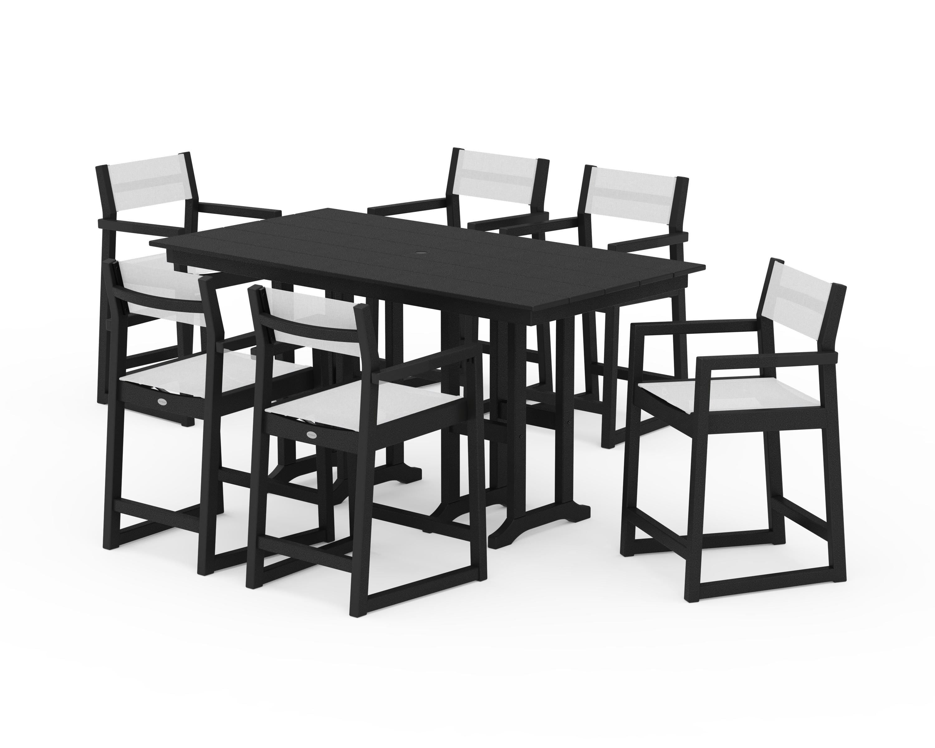 POLYWOOD EDGE Sling Arm Chair 7-Piece Farmhouse Counter Set in Black / White Sling