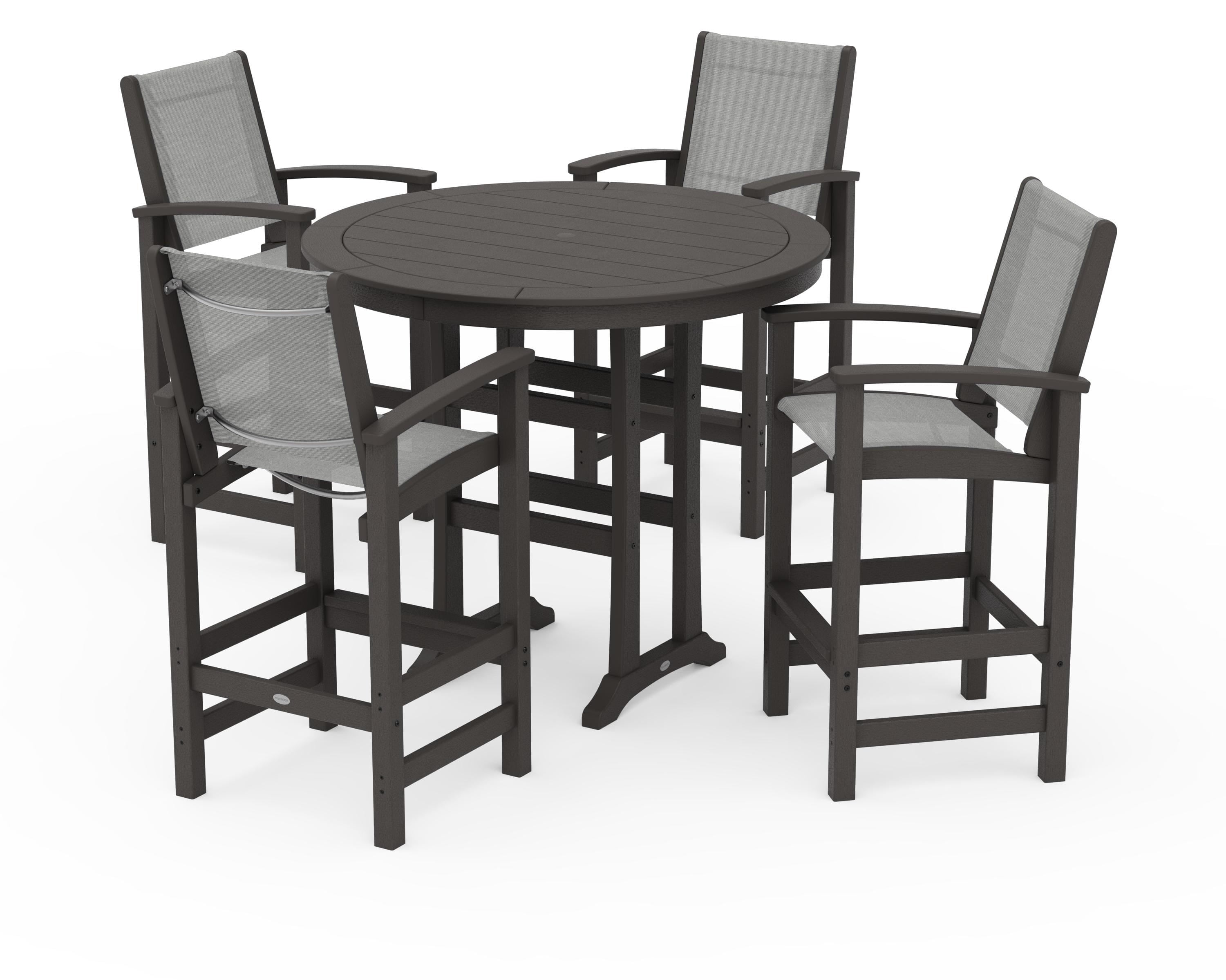 POLYWOOD Coastal 5-Piece Nautical Trestle Bar Set in Vintage Coffee / Metallic Sling