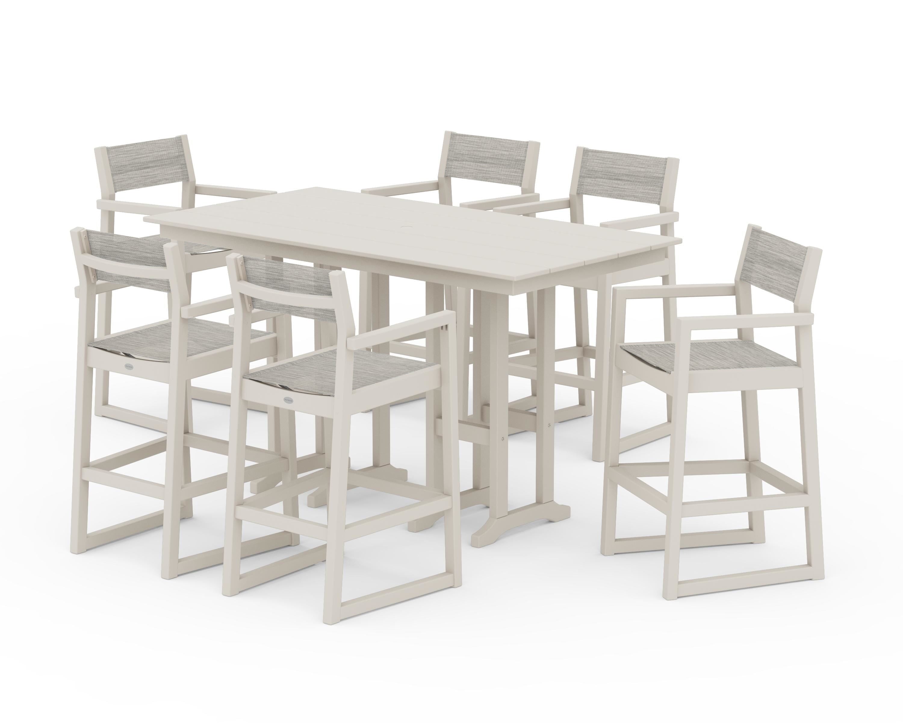 POLYWOOD EDGE Sling Arm Chair 7-Piece Farmhouse Bar Set in Sand / Birch Sling