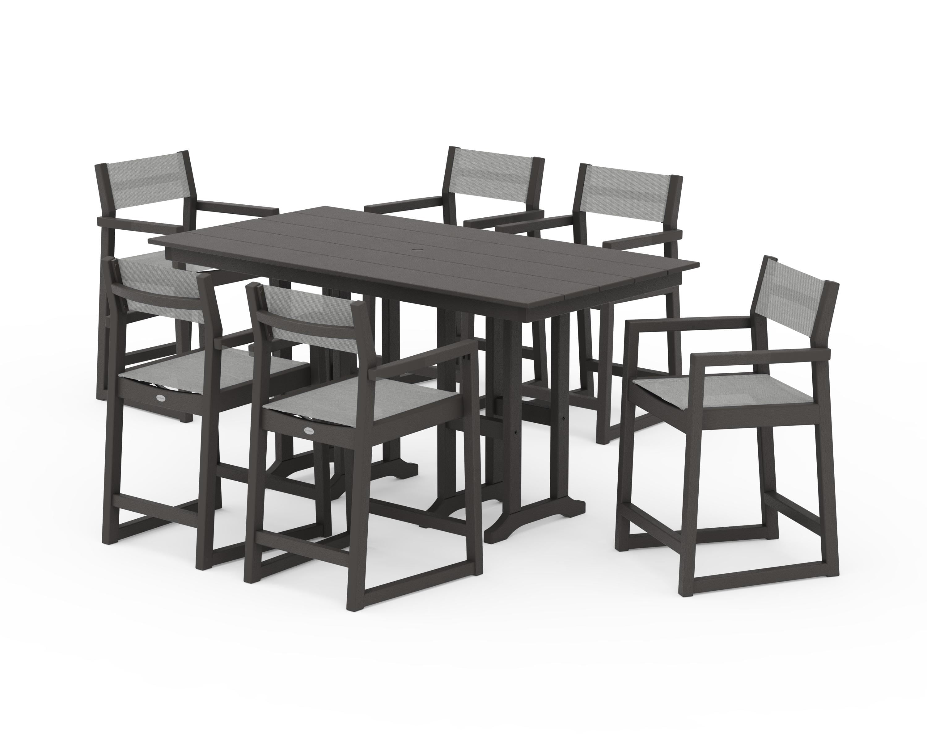 POLYWOOD EDGE Sling Arm Chair 7-Piece Farmhouse Counter Set in Vintage Coffee / Metallic Sling