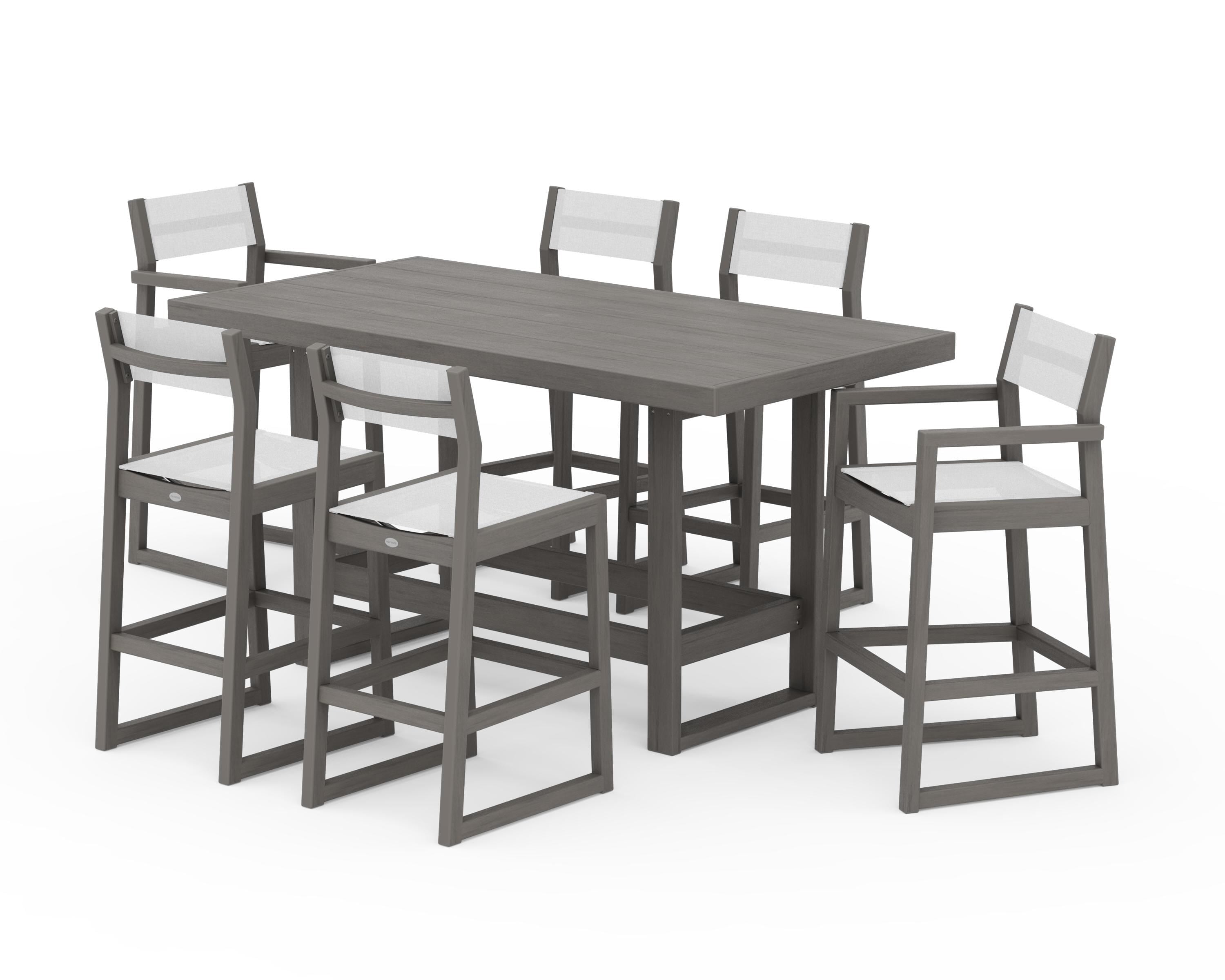 POLYWOOD EDGE Sling 7-Piece Bar Table Set in Driftwood / White Sling