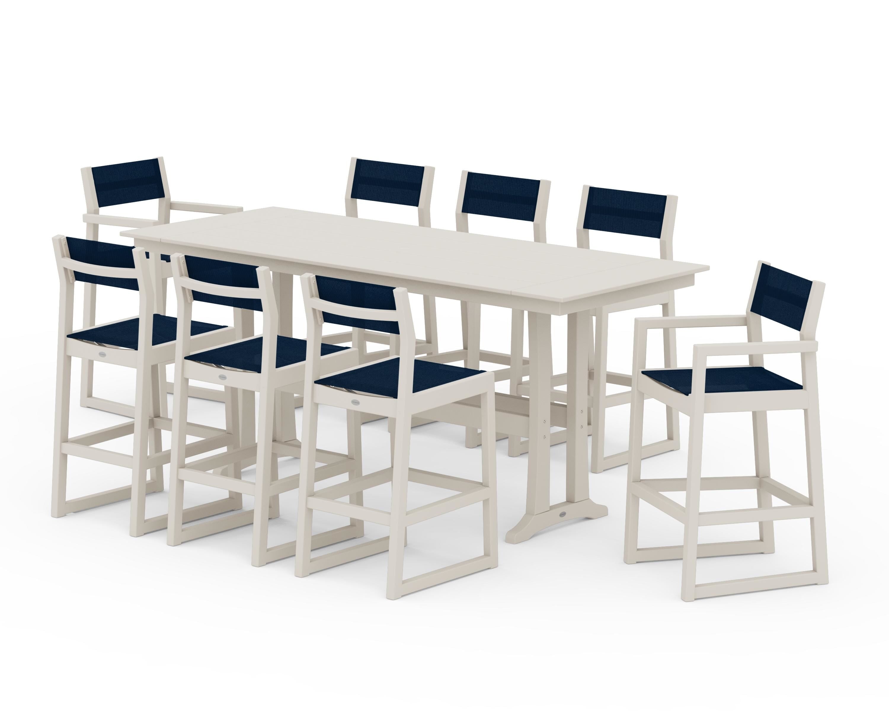 POLYWOOD EDGE Sling 9-Piece Farmhouse Bar Set with Trestle Legs in Sand / Navy Blue Sling