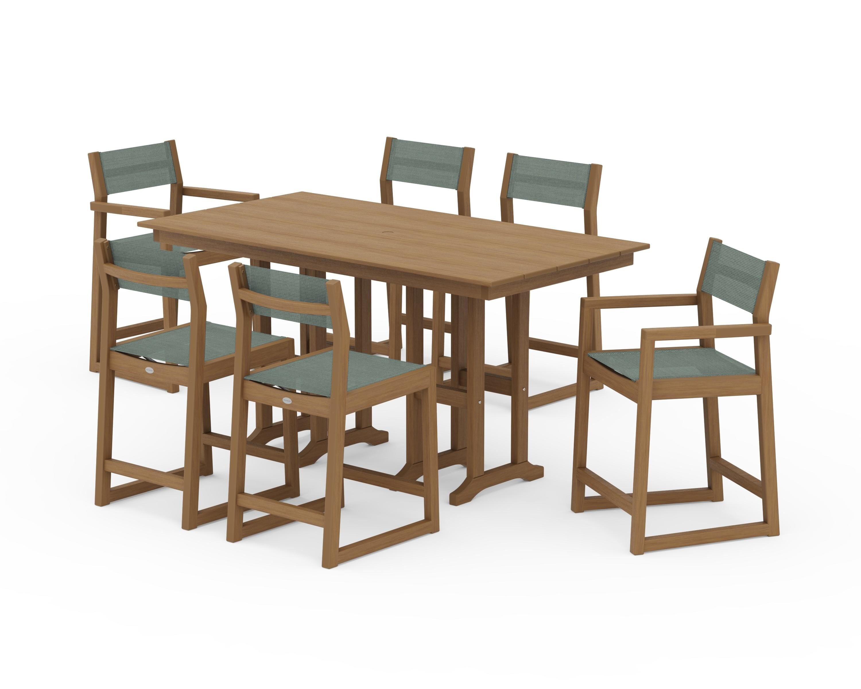 POLYWOOD EDGE Sling 7-Piece Farmhouse Counter Set in Natural / Dupioni Sea Mist Sling