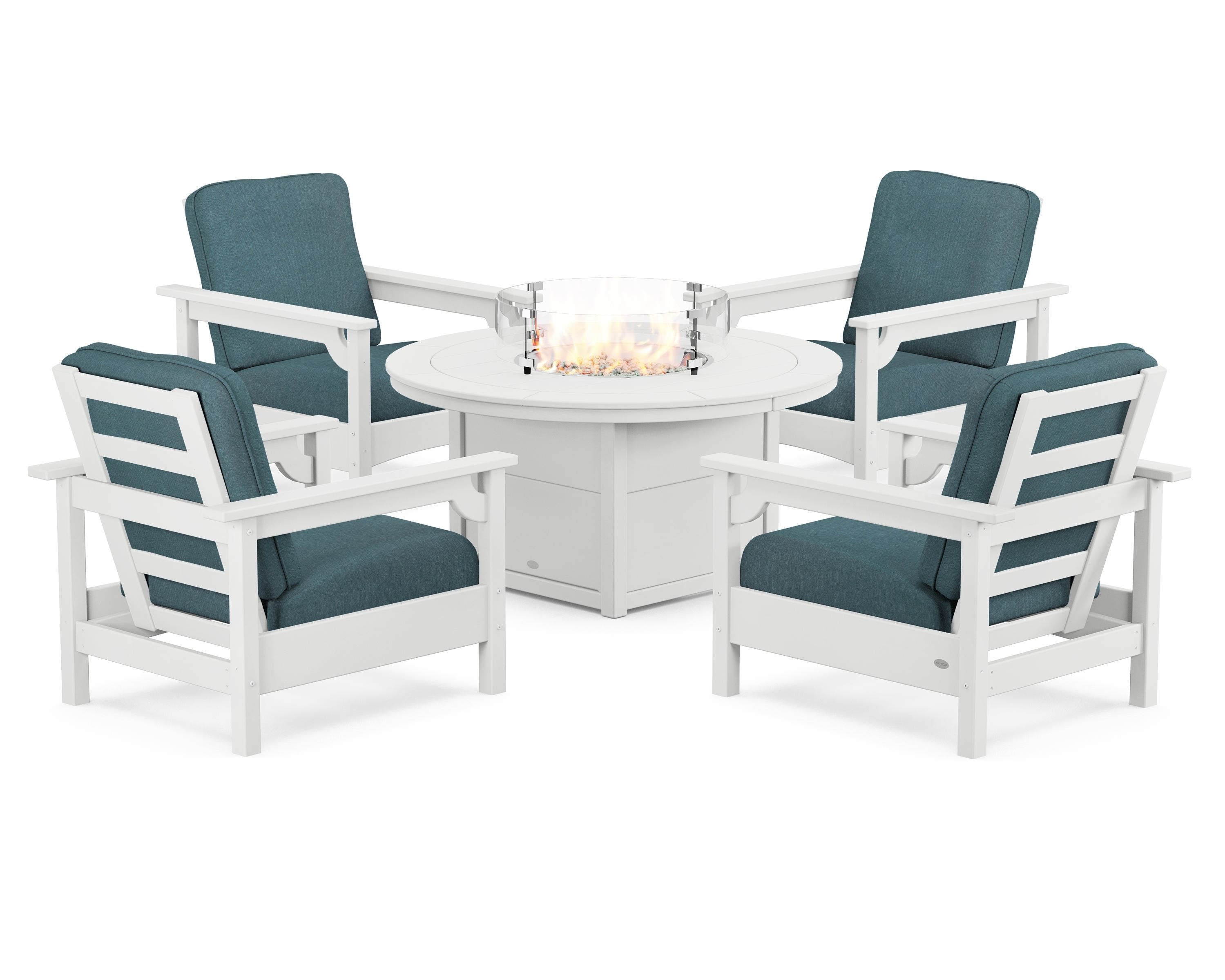 POLYWOOD Club 5-Piece Conversation Set with Fire Pit Table in White / Ocean Teal