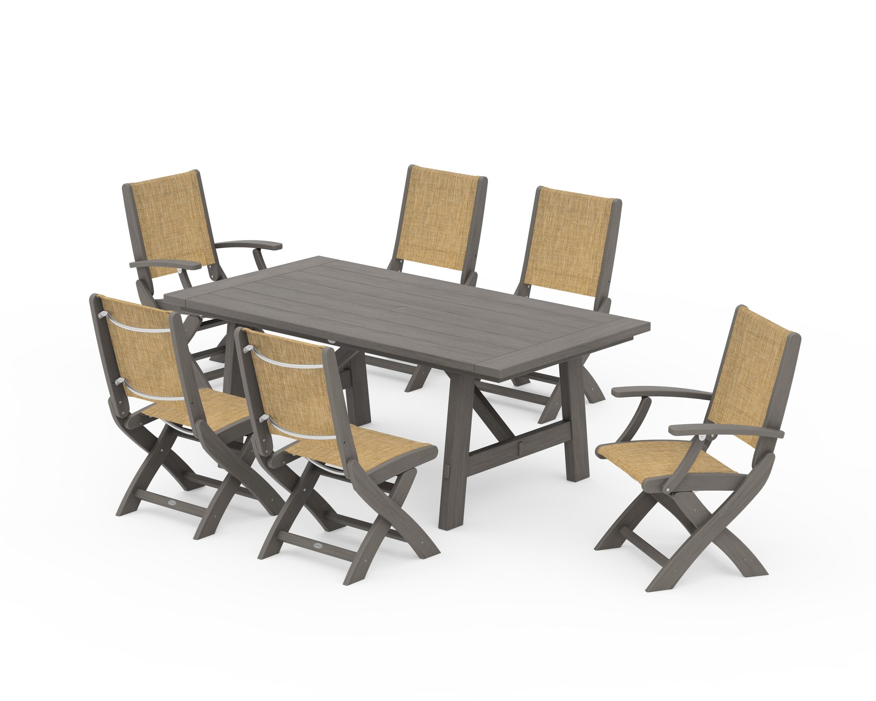 POLYWOOD Coastal Folding Chair 7-Piece Rustic Farmhouse Dining Set in Driftwood / Burlap Sling