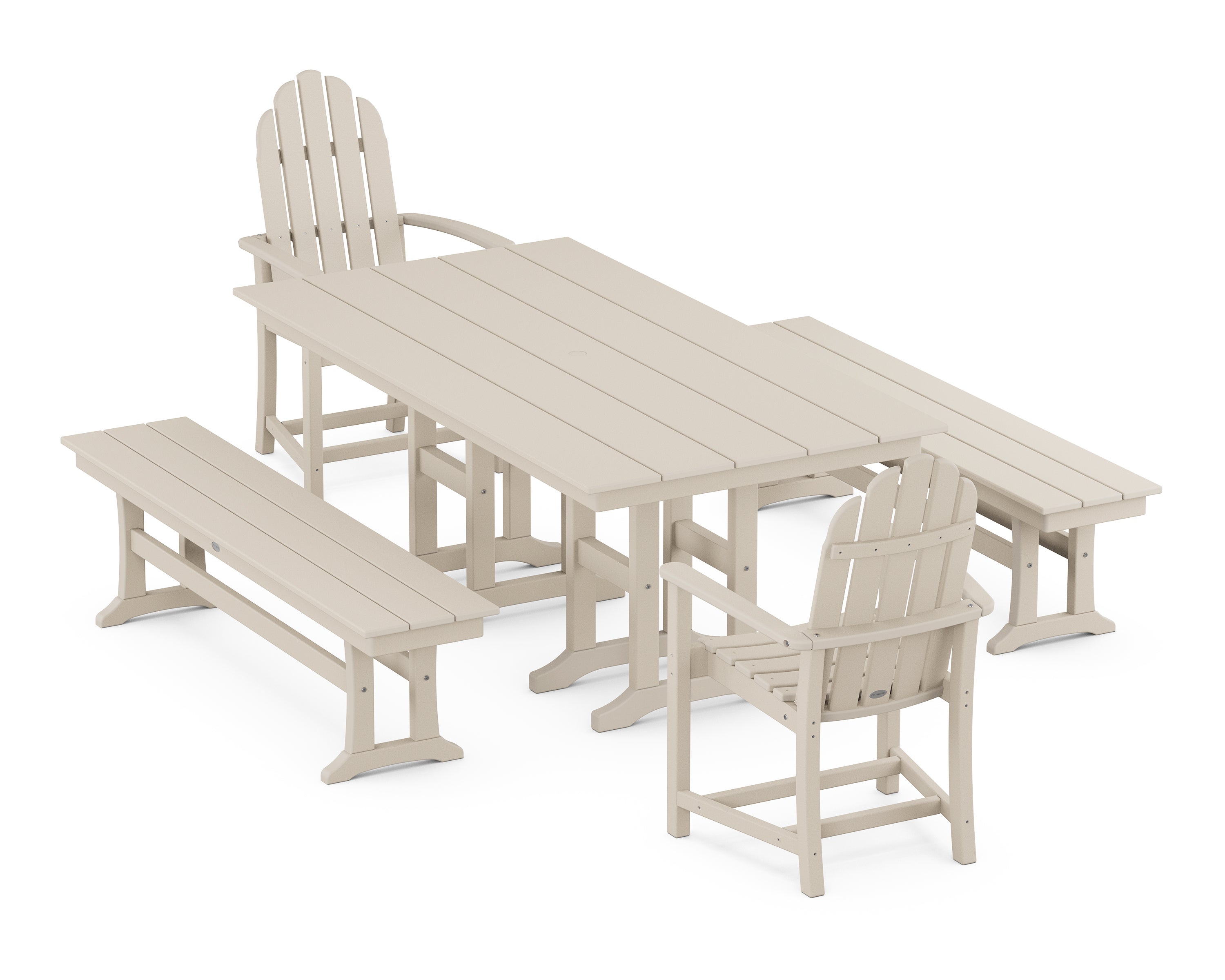 POLYWOOD® Classic Adirondack 5-Piece Farmhouse Dining Set with Benches in Sand