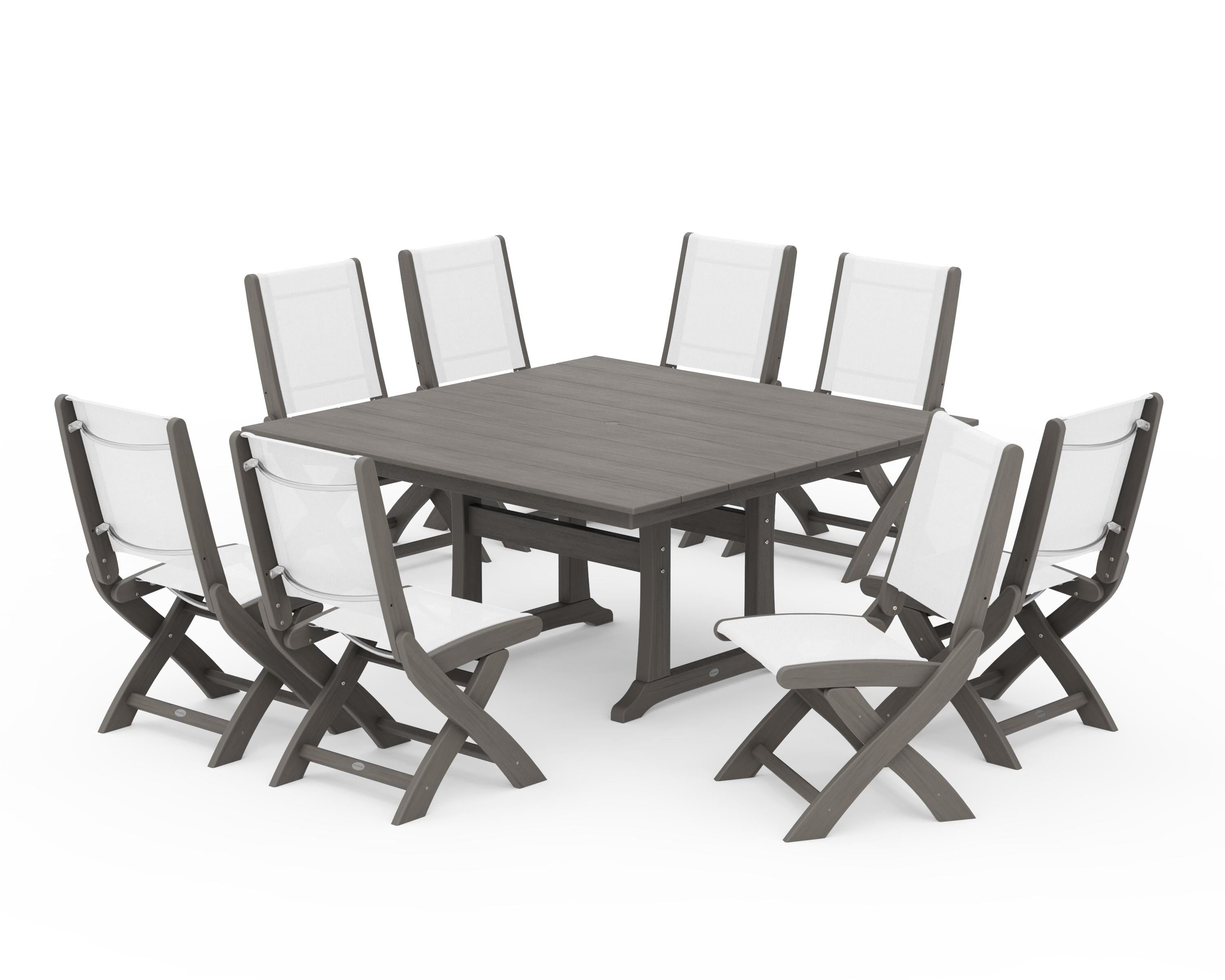 POLYWOOD Coastal Folding Side Chair 9-Piece Farmhouse Dining Set in Driftwood / White Sling