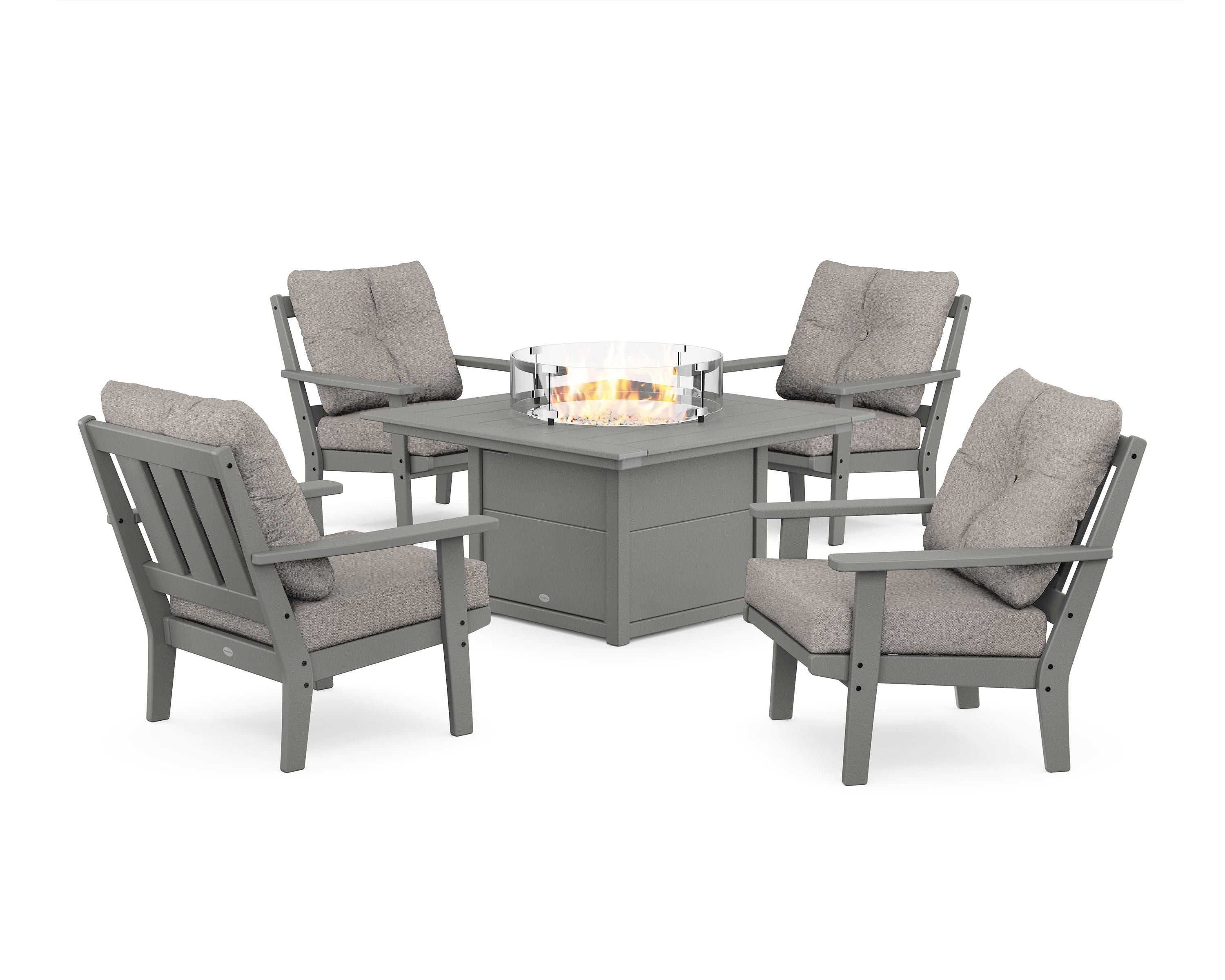 POLYWOOD Oxford 5-Piece Deep Seating Set with Fire Pit Table in Slate Grey / Weathered Tweed