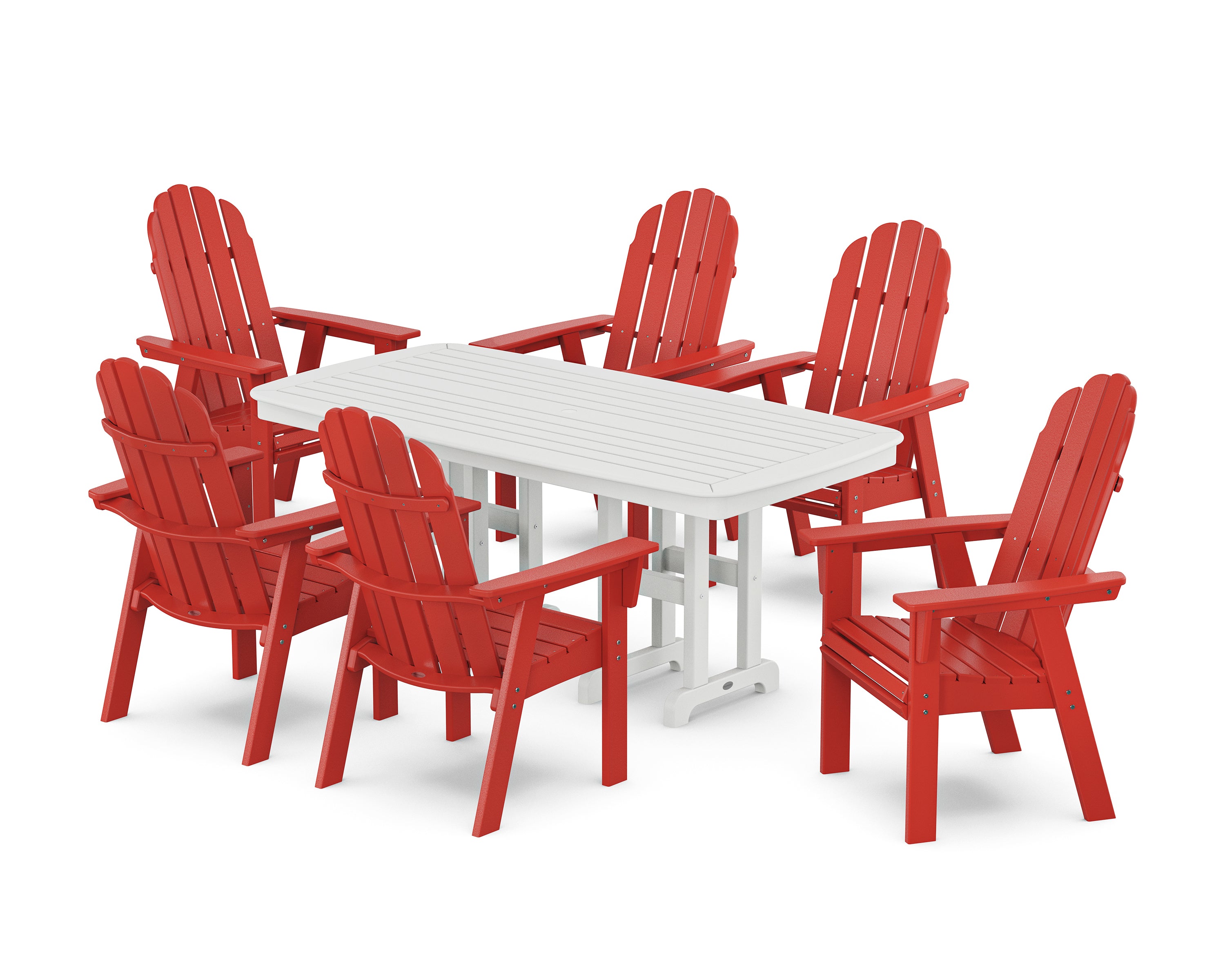 POLYWOOD Vineyard Curveback Adirondack Chair 7-Piece Dining Set in Sunset Red / White