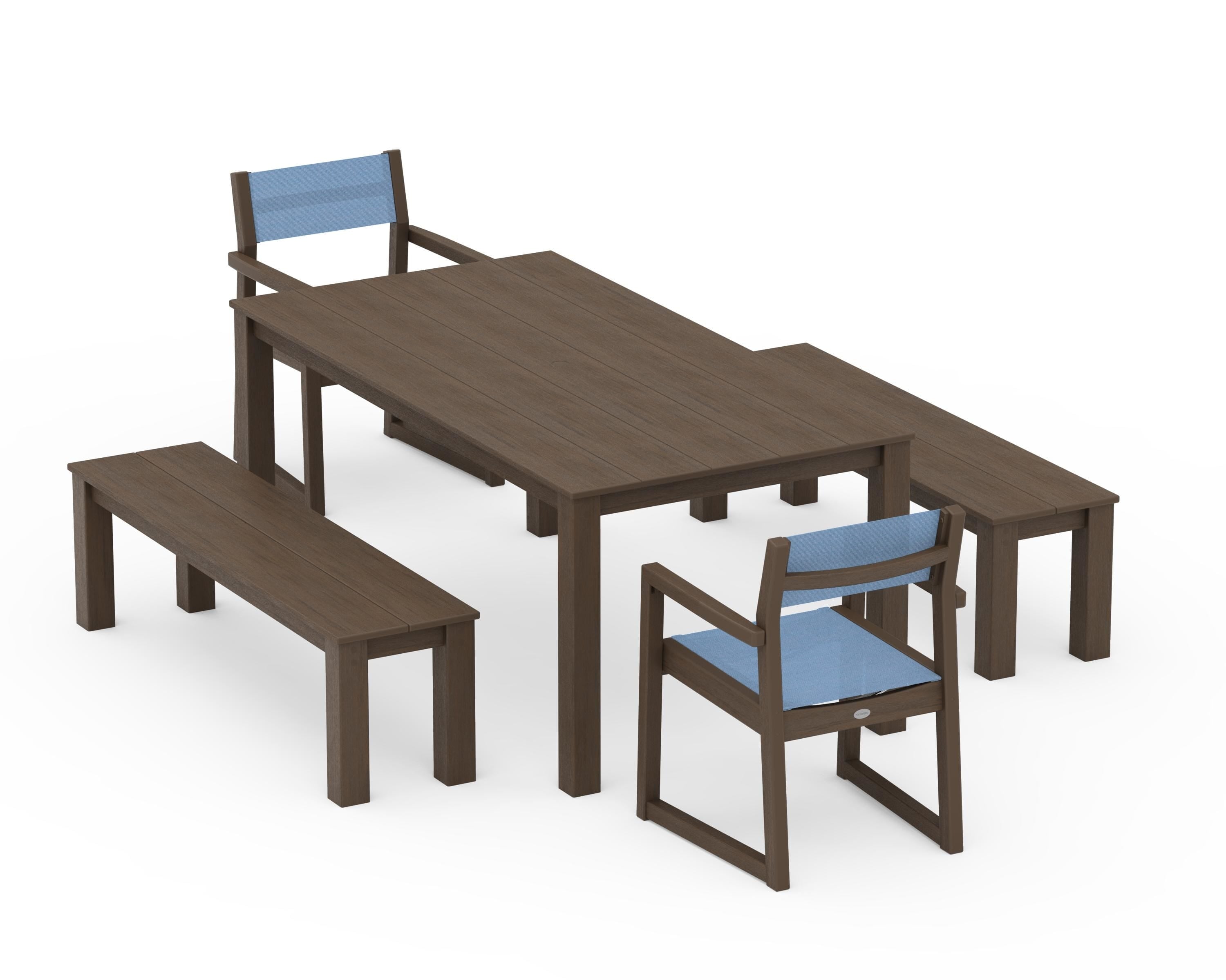 POLYWOOD EDGE Sling Arm Chair 5-Piece Parsons Dining Set with Benches in Kona / Poolside Sling