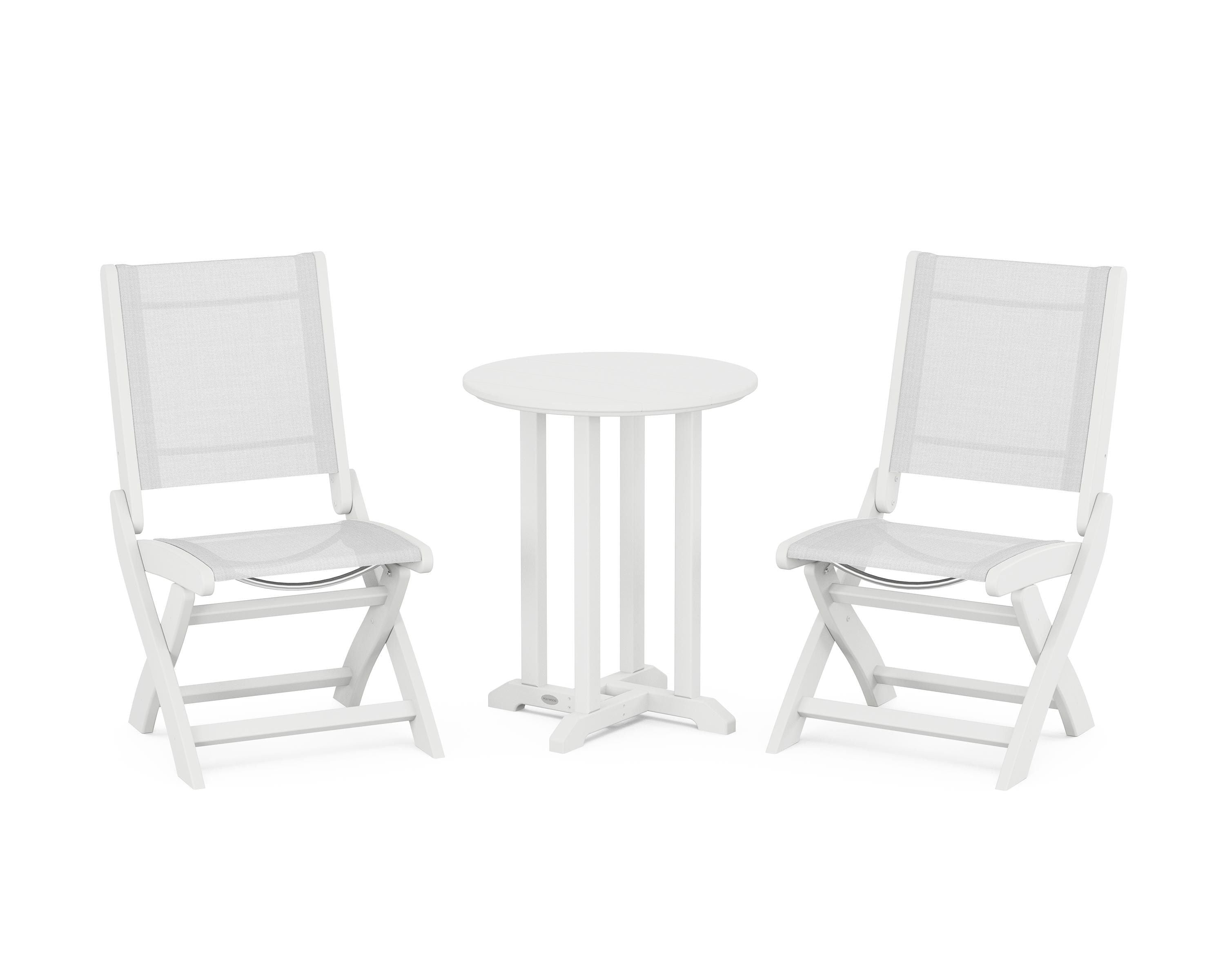 POLYWOOD Coastal Folding Side Chair 3-Piece Round Bistro Dining Set in White / White Sling