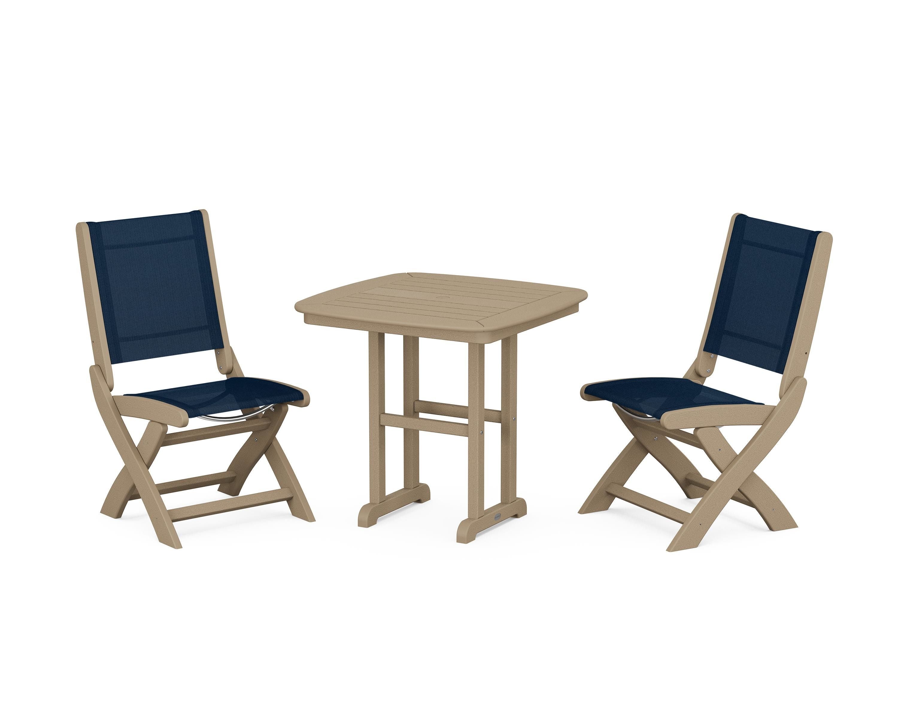 POLYWOOD Coastal Folding Side Chair 3-Piece Dining Set in Vintage Sahara / Navy Blue Sling