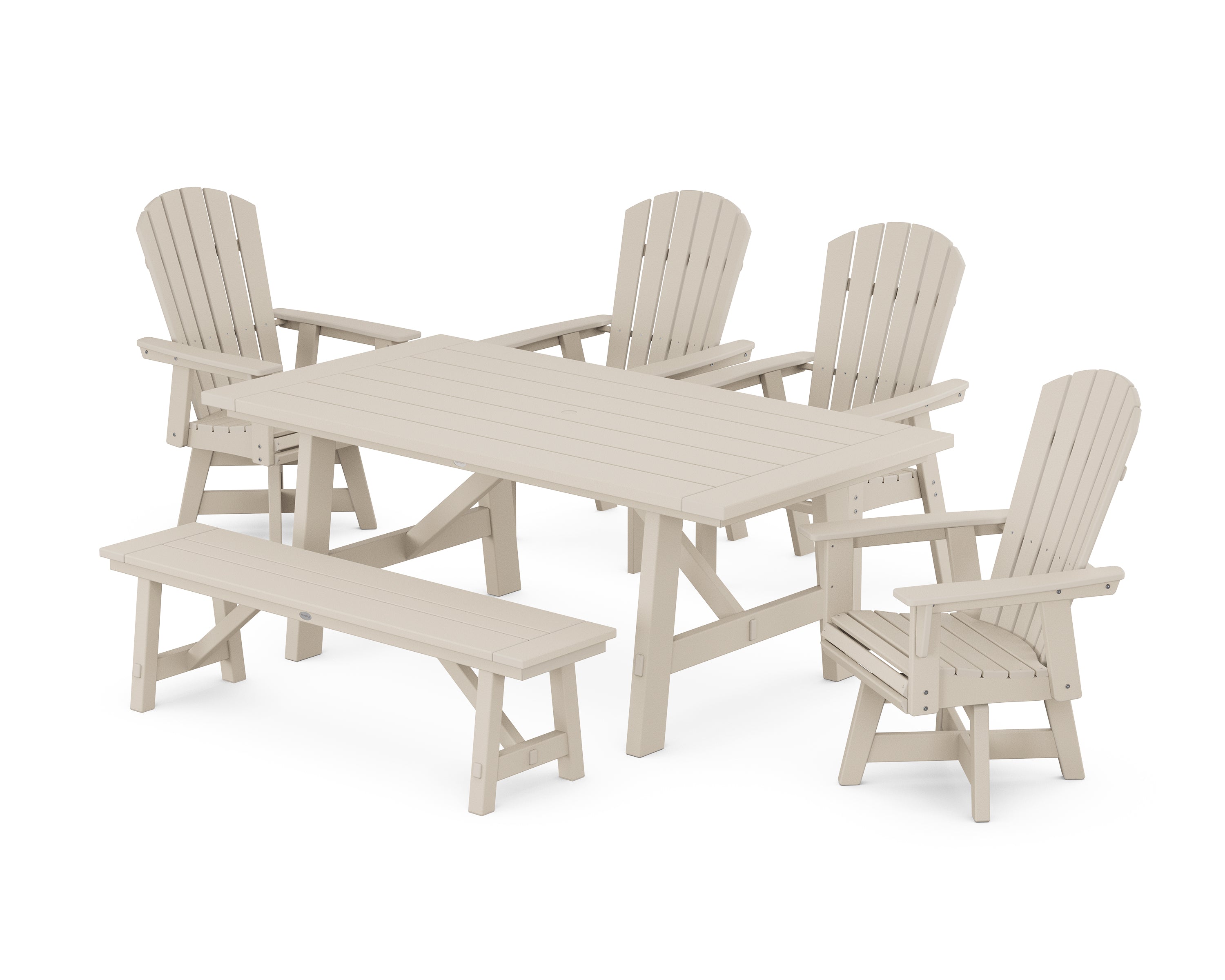 POLYWOOD® Nautical Adirondack Swivel 6-Piece Rustic Farmhouse Dining Set With Trestle Legs in Sand