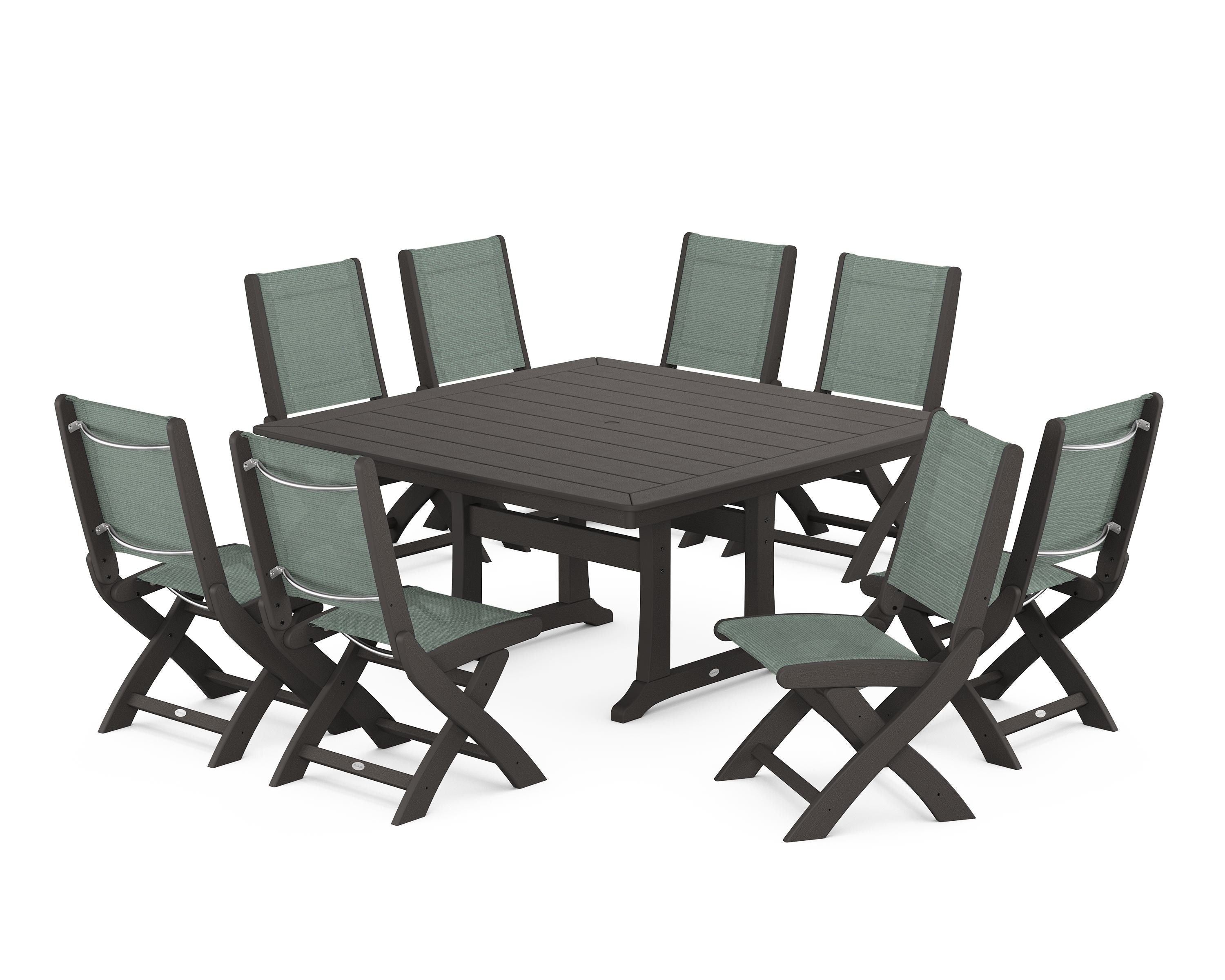 POLYWOOD Coastal Folding Side Chair 9-Piece Dining Set with Trestle Legs in Vintage Coffee / Dupioni Sea Mist Sling