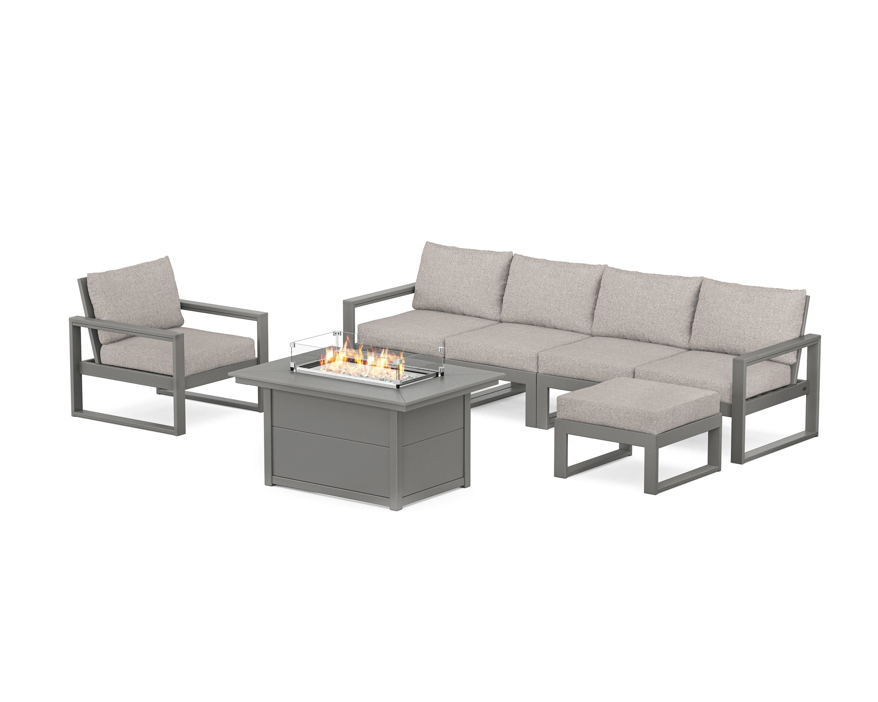 POLYWOOD EDGE Sectional Lounge and Fire Pit Set in Slate Grey / Weathered Tweed
