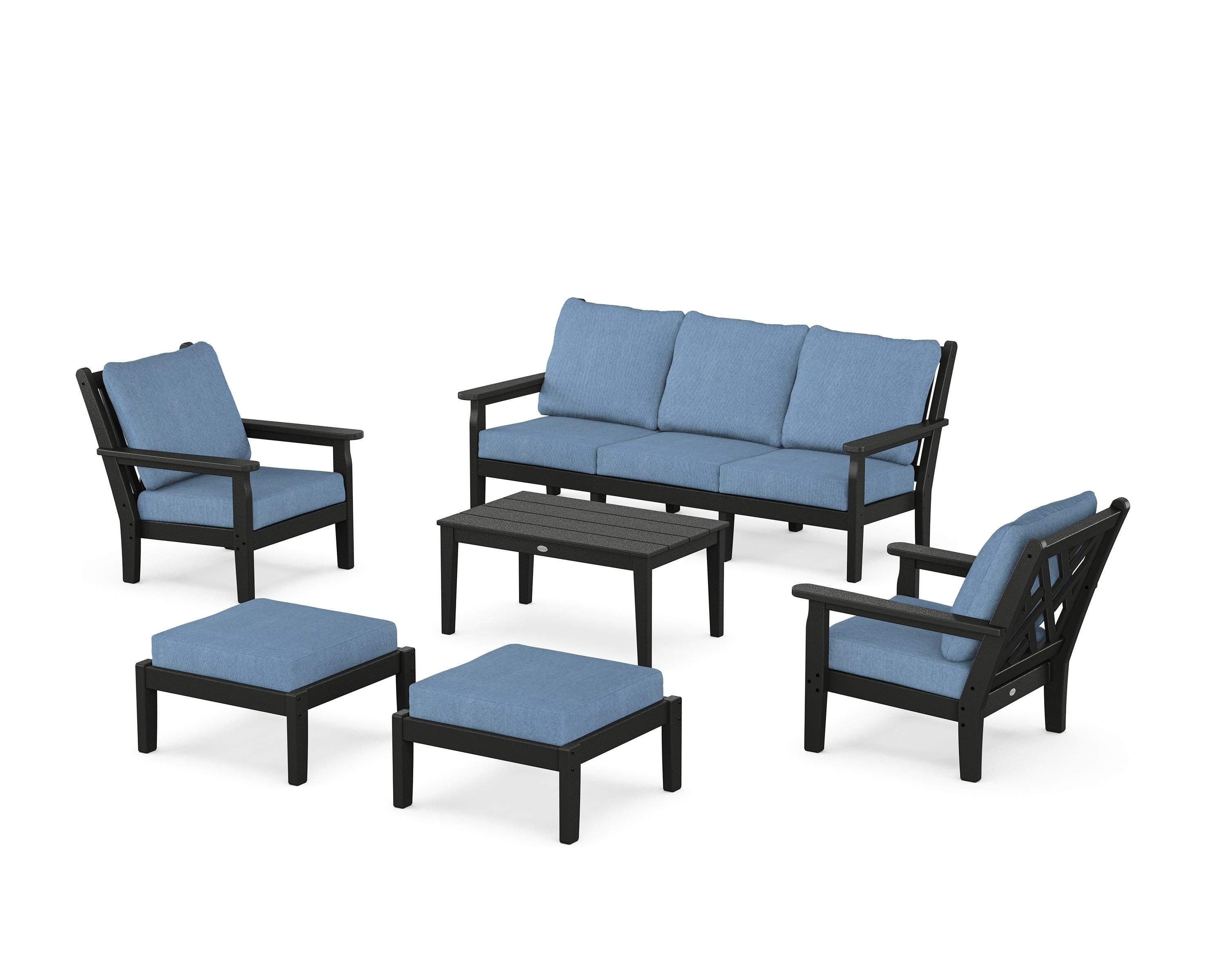 POLYWOOD Chippendale 6-Piece Lounge Sofa Set in Black / Sky Blue